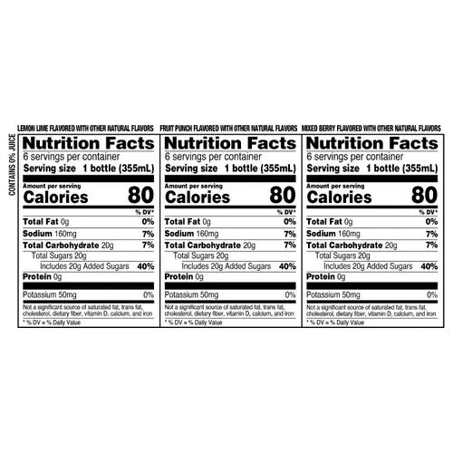 Great Value Sport Hydration Drink, Fruit Punch, Lemon Lime & Mixed Berry, 12 fl oz, 18 Bottles thumbnail 4