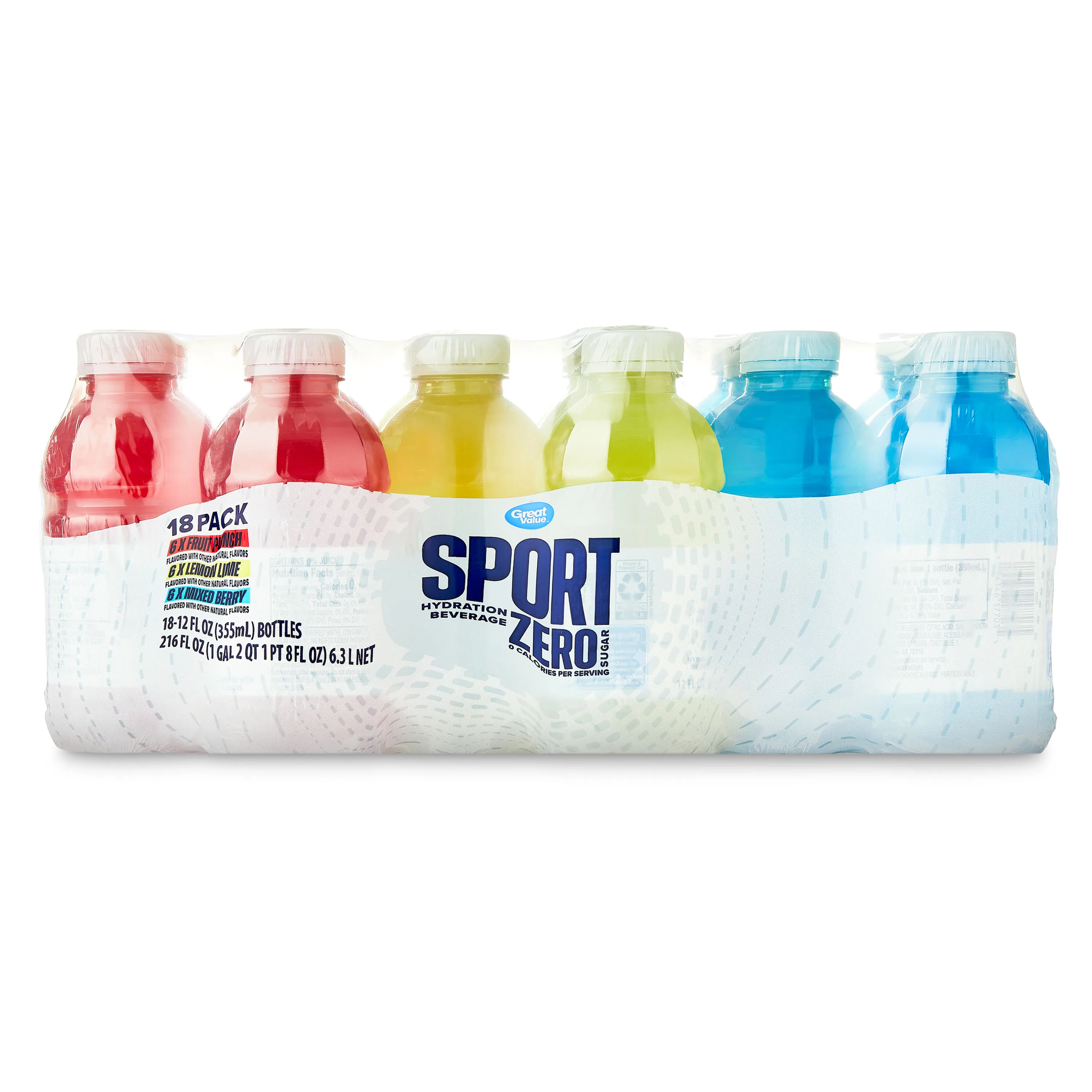 Great Value Zero Sugar Sport Hydration Drink, Fruit Punch, Lemon Lime & Mixed Berry, 12 fl oz, 18 Bottles