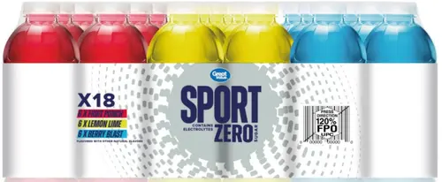 Great Value Zero Sugar Sport Hydration Drink, Fruit Punch, Lemon Lime & Mixed Berry, 12 fl oz, 18 Bottles thumbnail 2