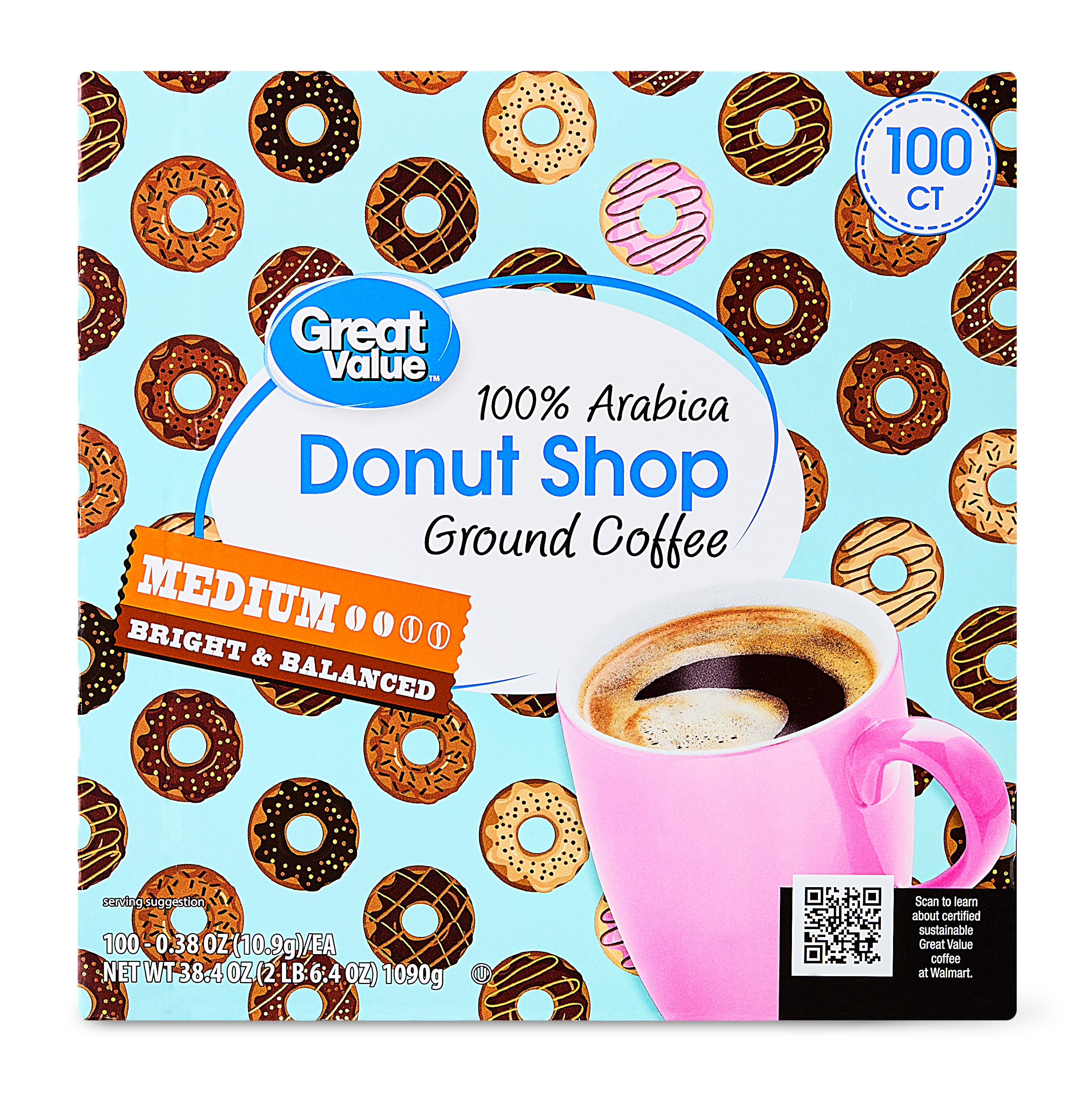 Great Value Donut Shop 100% Arabica Medium Roast Ground Coffee Pods, 38.4oz, 100 Count