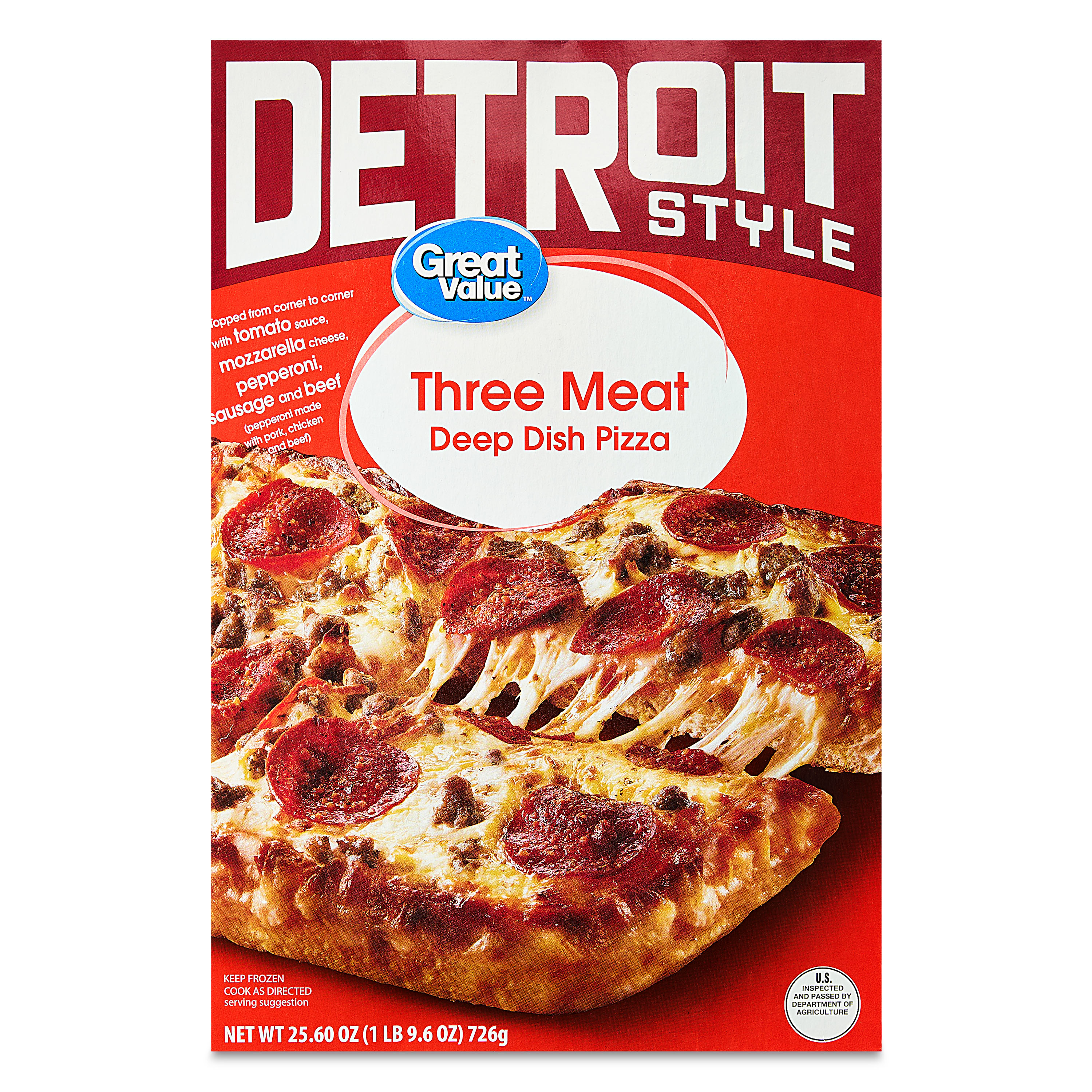 Great Value Detroit-Style 3-Meat Pizza, 25.6 oz (Frozen)