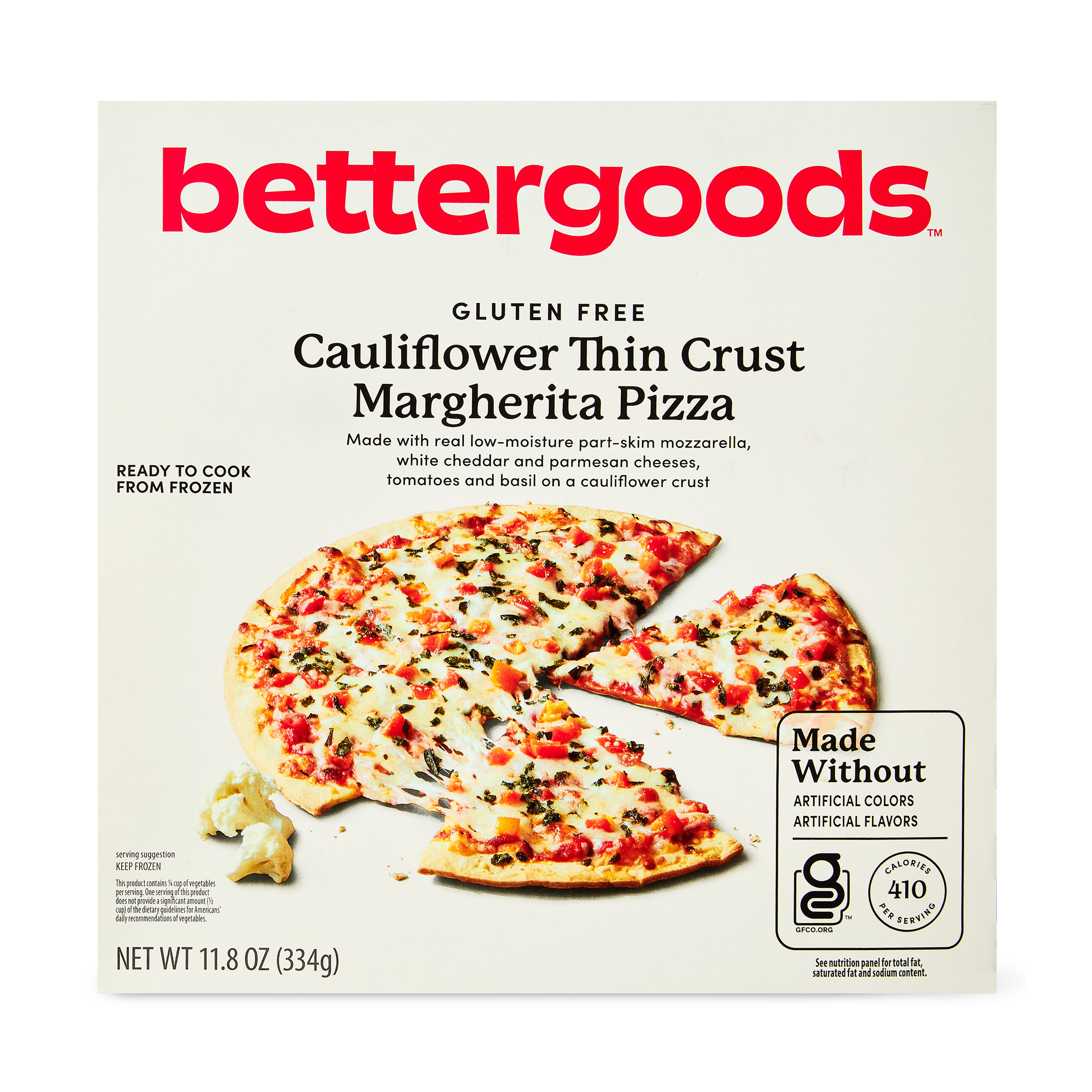 bettergoods Gluten-Free Cauliflower Thin Crust Margherita Pizza, 11.8 oz (Frozen)