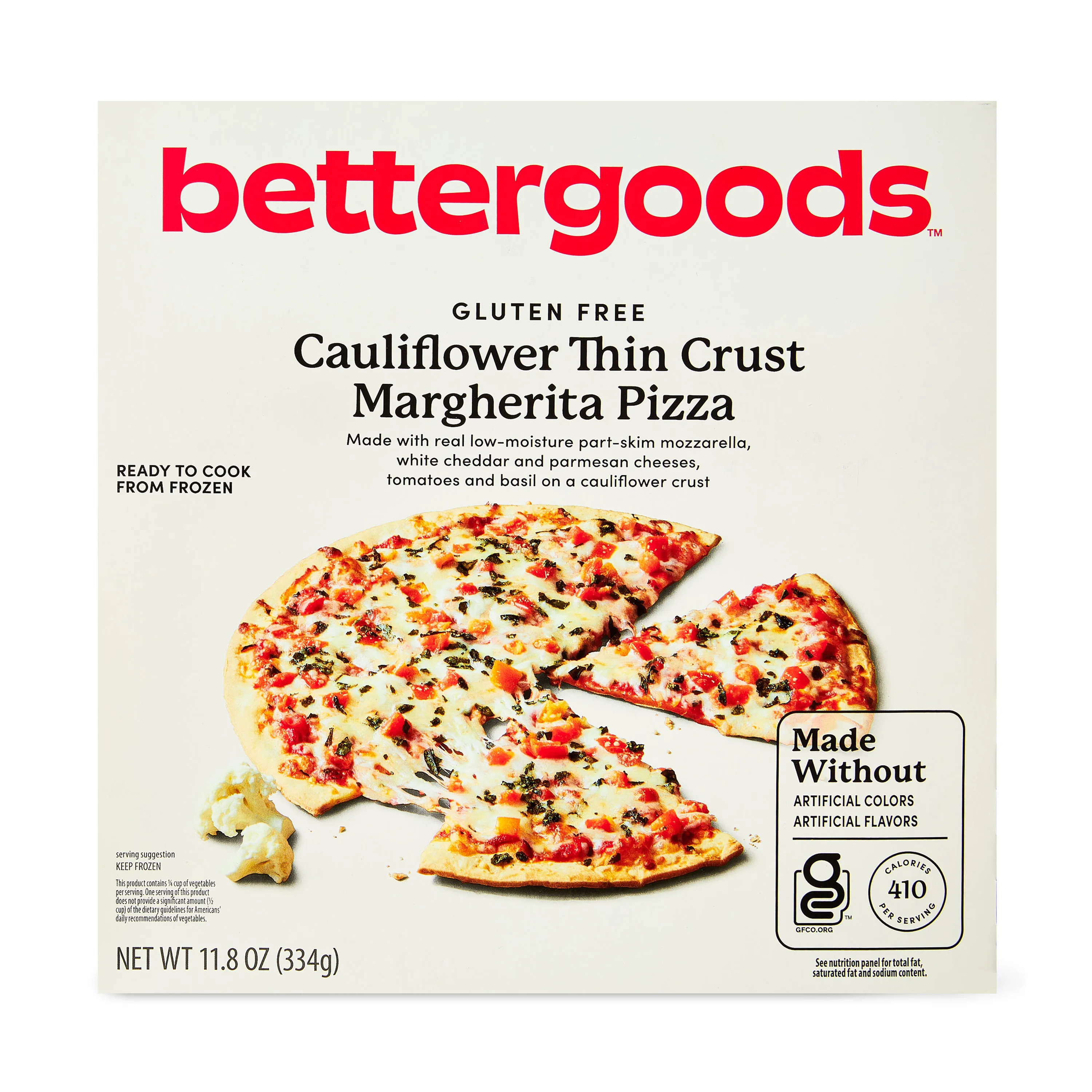 bettergoods Gluten-Free Cauliflower Thin Crust Margherita Pizza, 11.8 oz (Frozen)