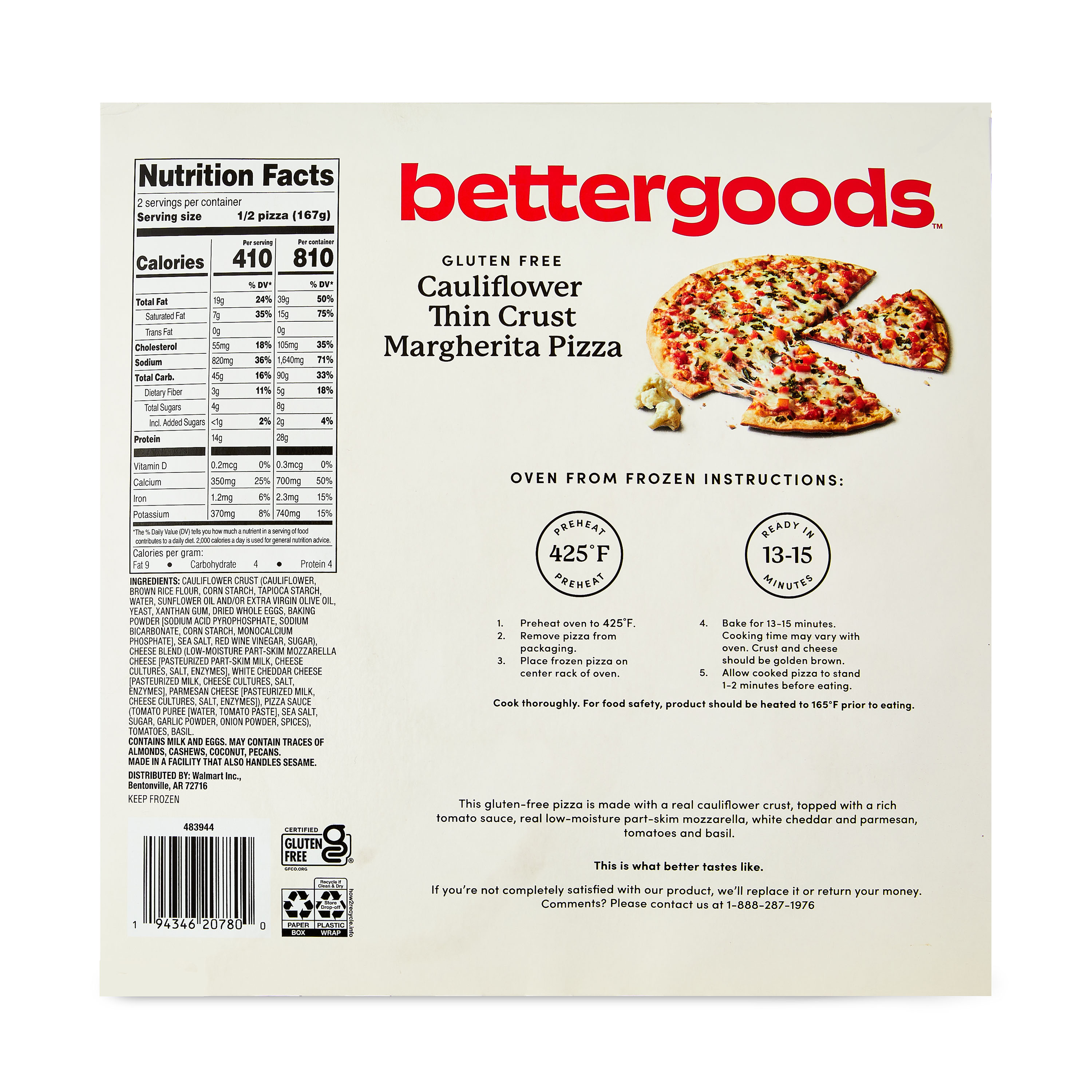 bettergoods Gluten-Free Cauliflower Thin Crust Margherita Pizza, 11.8 oz (Frozen) thumbnail 4