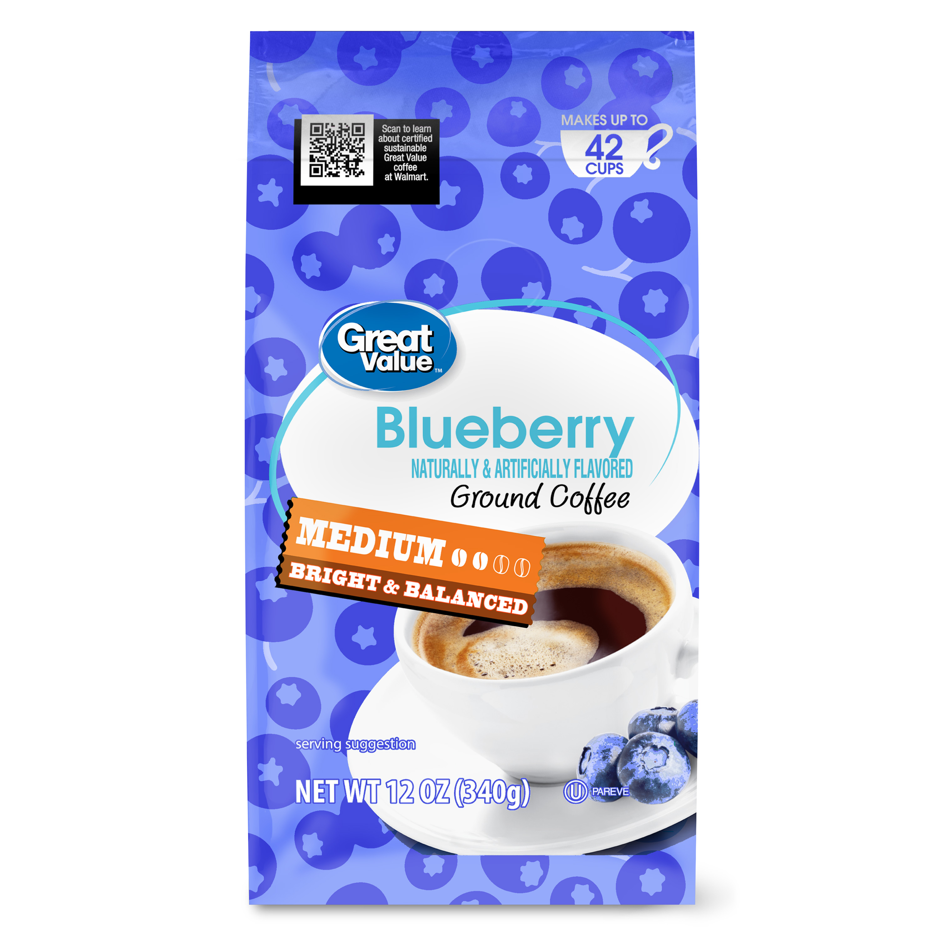 Great Value Blueberry Medium Roast Ground Coffee, 12 oz
