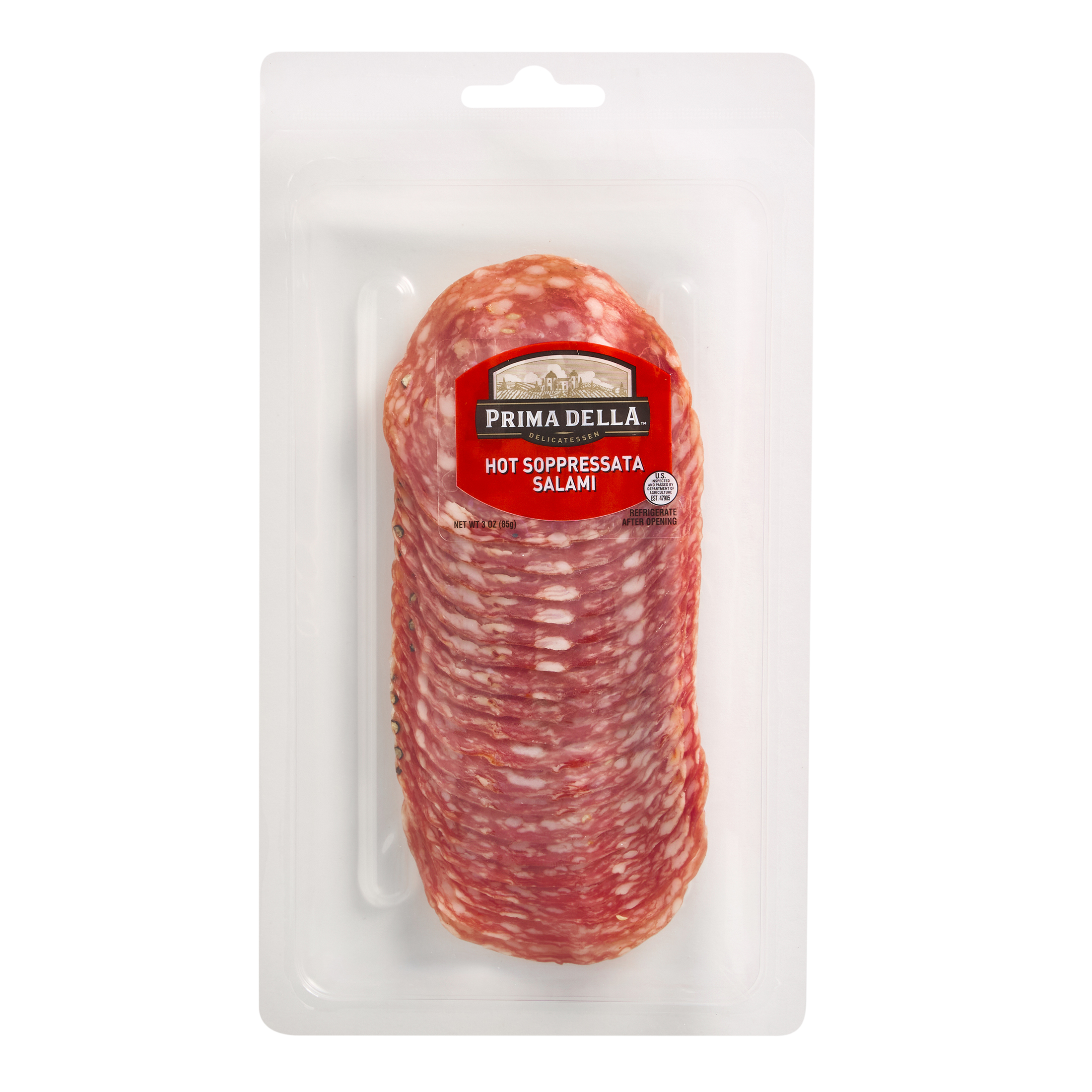 Prima Della Sliced Hot Soppressata Salami, 3oz Plastic Tray Package, Ready to Eat Sliced Charcuterie Meat