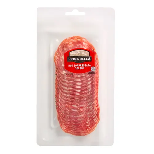 Prima Della Sliced Hot Soppressata Salami, 3oz Plastic Tray Package, Ready to Eat Sliced Charcuterie Meat