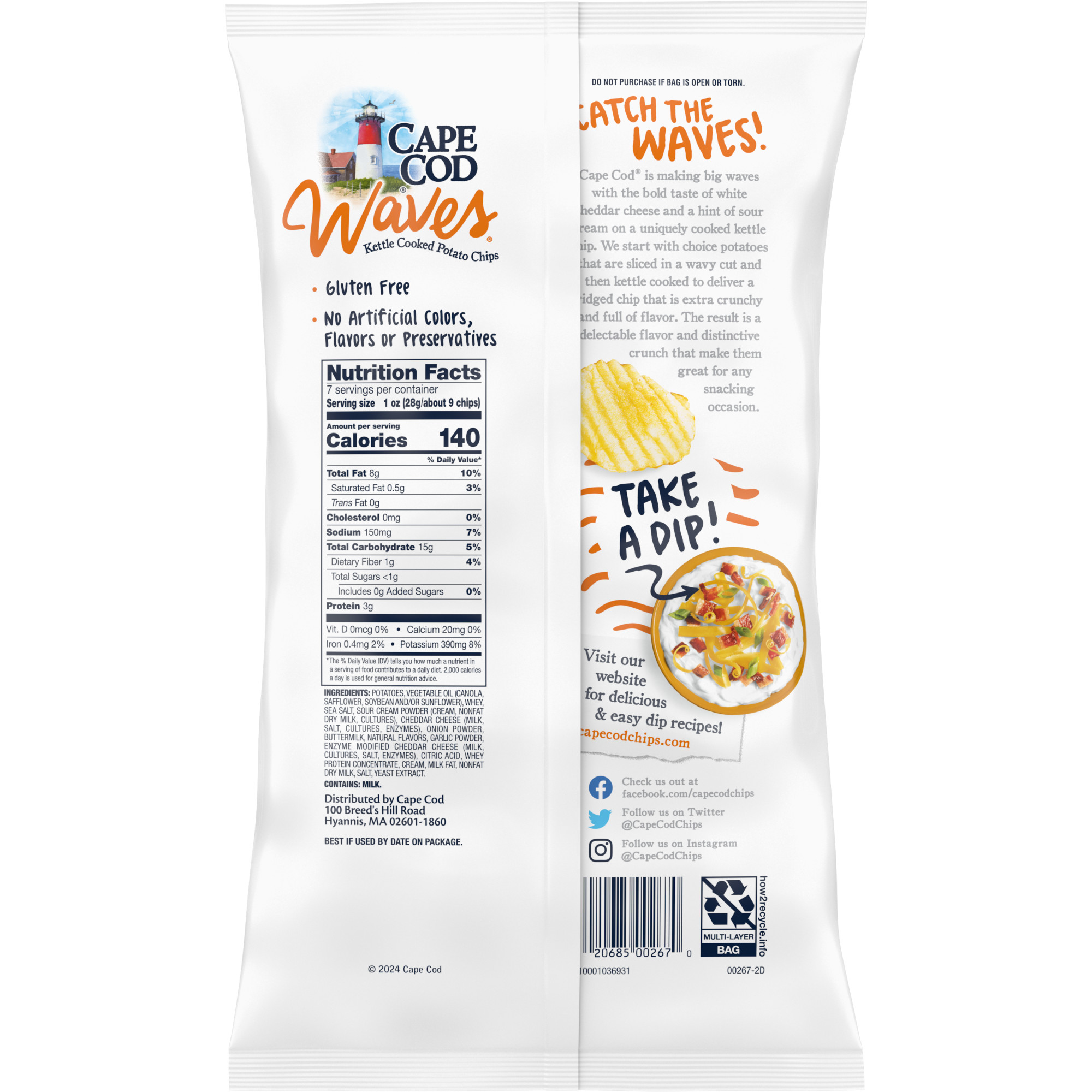 Cape Cod Waves Potato Chips, Wavy Cut White Cheddar & Sour Cream Kettle Chips, 7 oz thumbnail 3