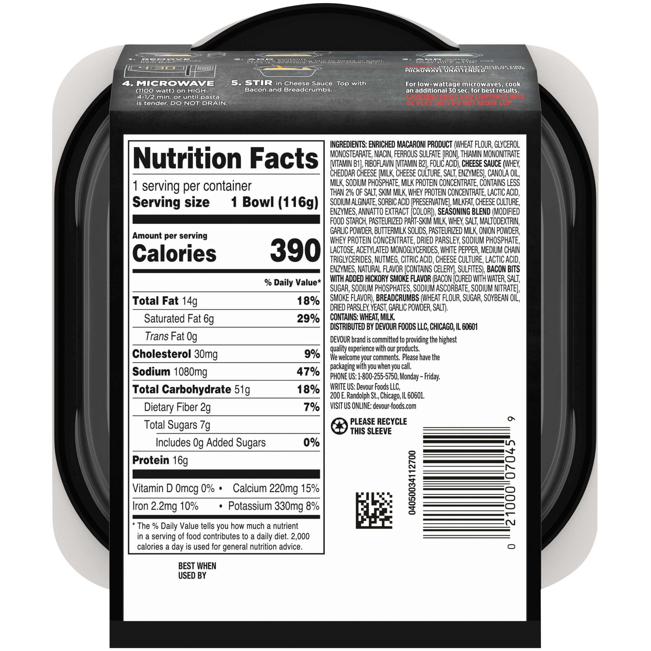 DEVOUR Creamy Alfredo Mac N Cheese Macaroni and Cheese Bowl with Bacon Dinner Kit, 4.1 oz Tray thumbnail 2