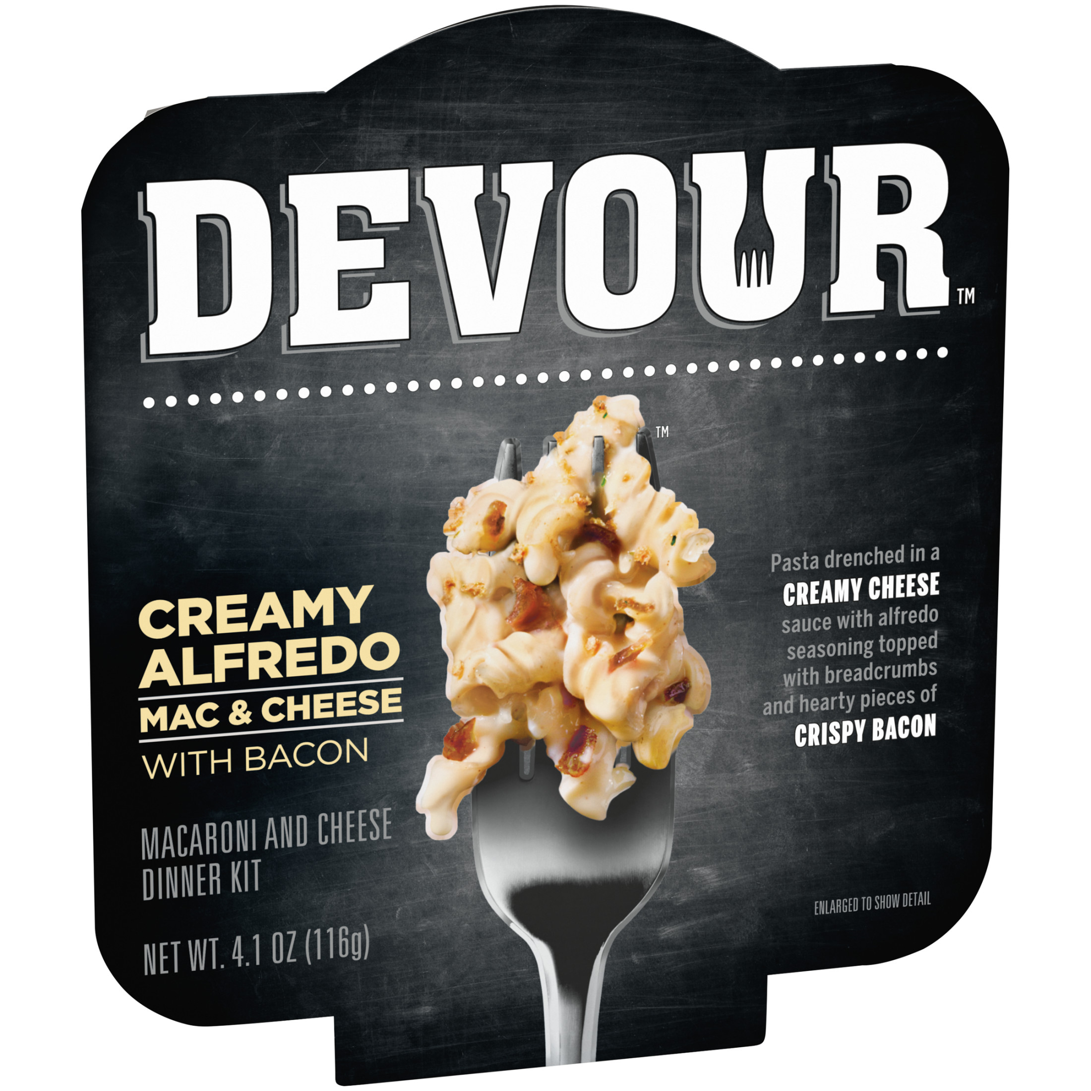 DEVOUR Creamy Alfredo Mac N Cheese Macaroni and Cheese Bowl with Bacon Dinner Kit, 4.1 oz Tray thumbnail 3