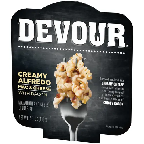DEVOUR Creamy Alfredo Mac N Cheese Macaroni and Cheese Bowl with Bacon Dinner Kit, 4.1 oz Tray thumbnail 4