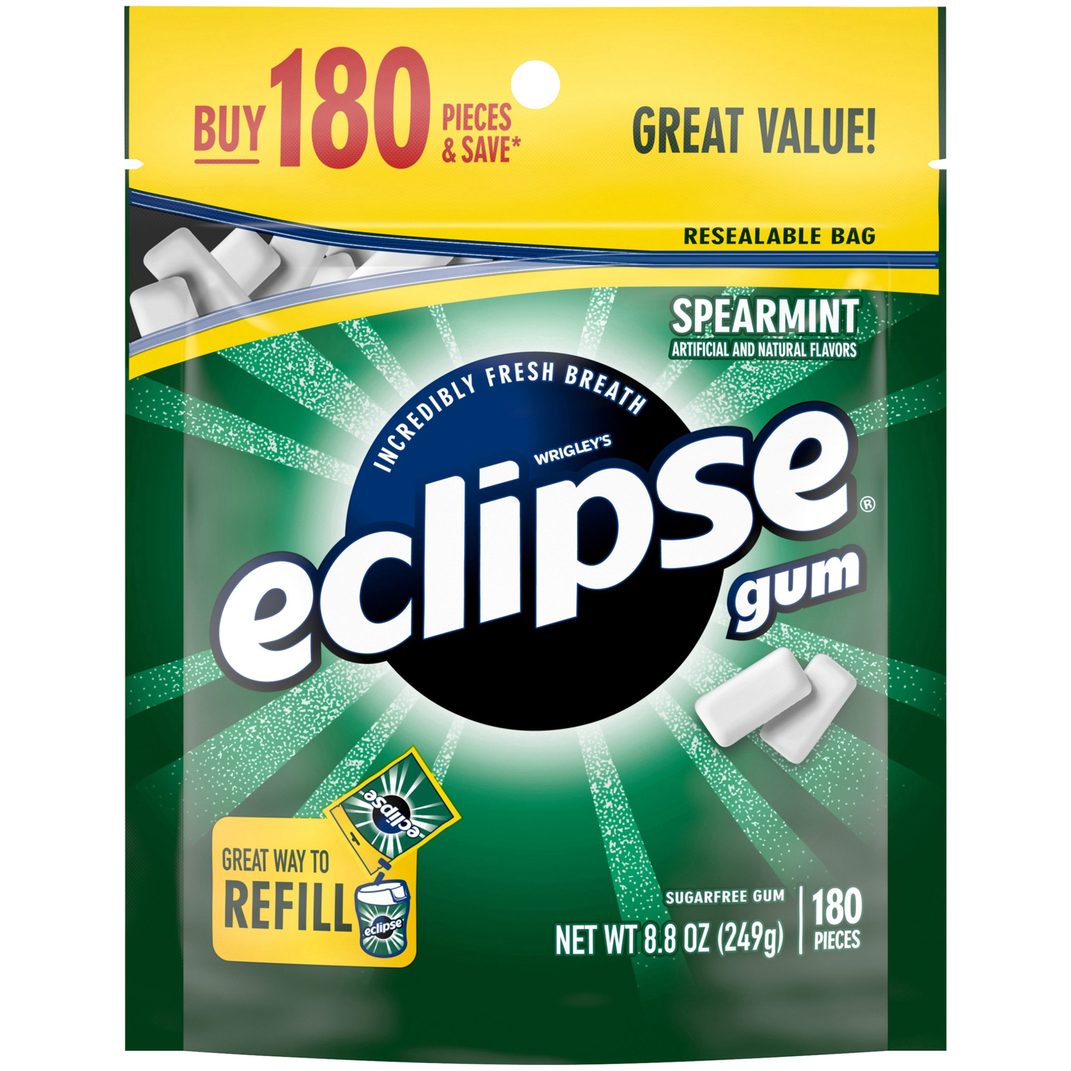 Eclipse Spearmint Sugar Free Chewing Gum, Value Pack - 180 ct Bag