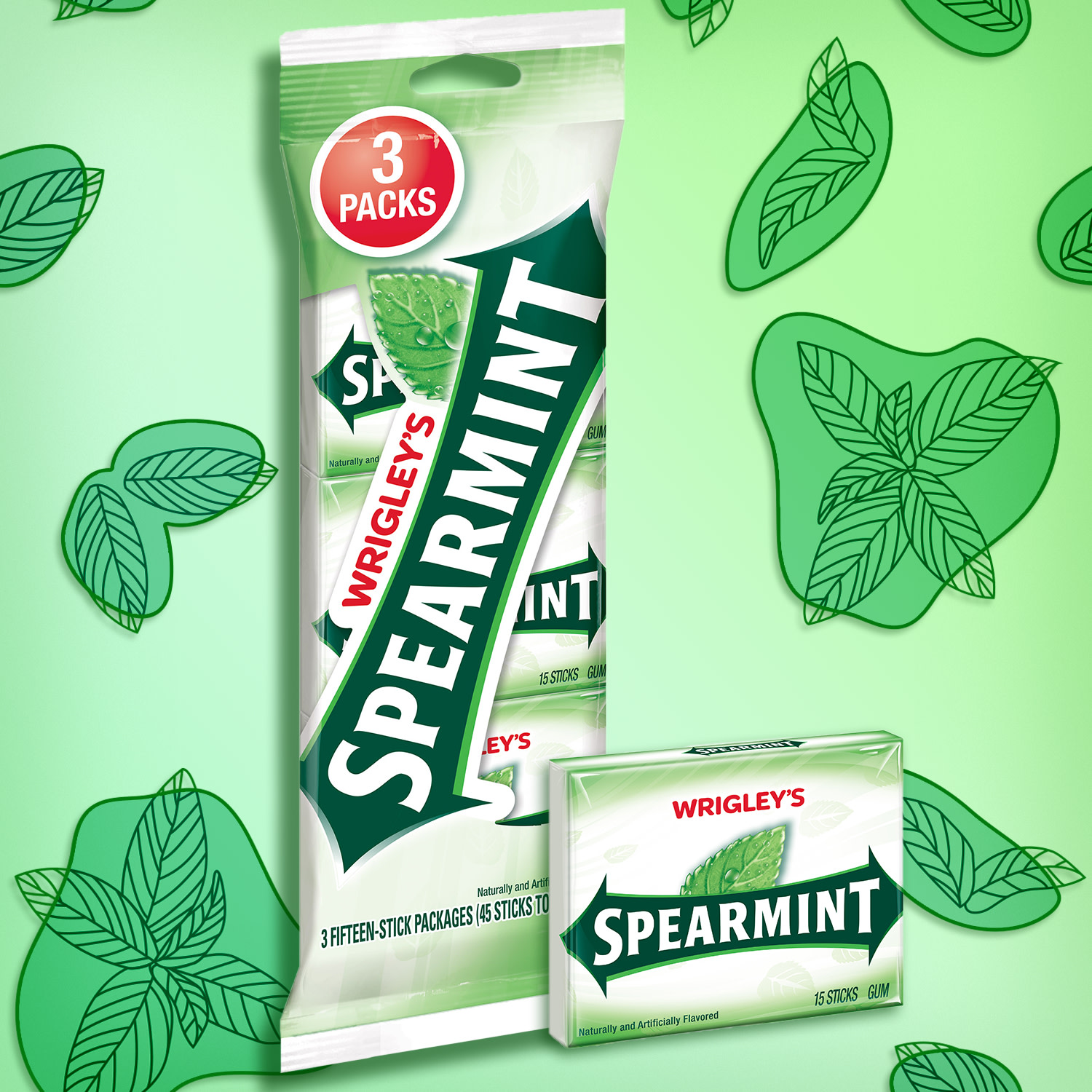 Wrigley's Spearmint Chewing Gum Bulk Pack - 15 Stick (Pack of 3, 45 Piece Count) thumbnail 2