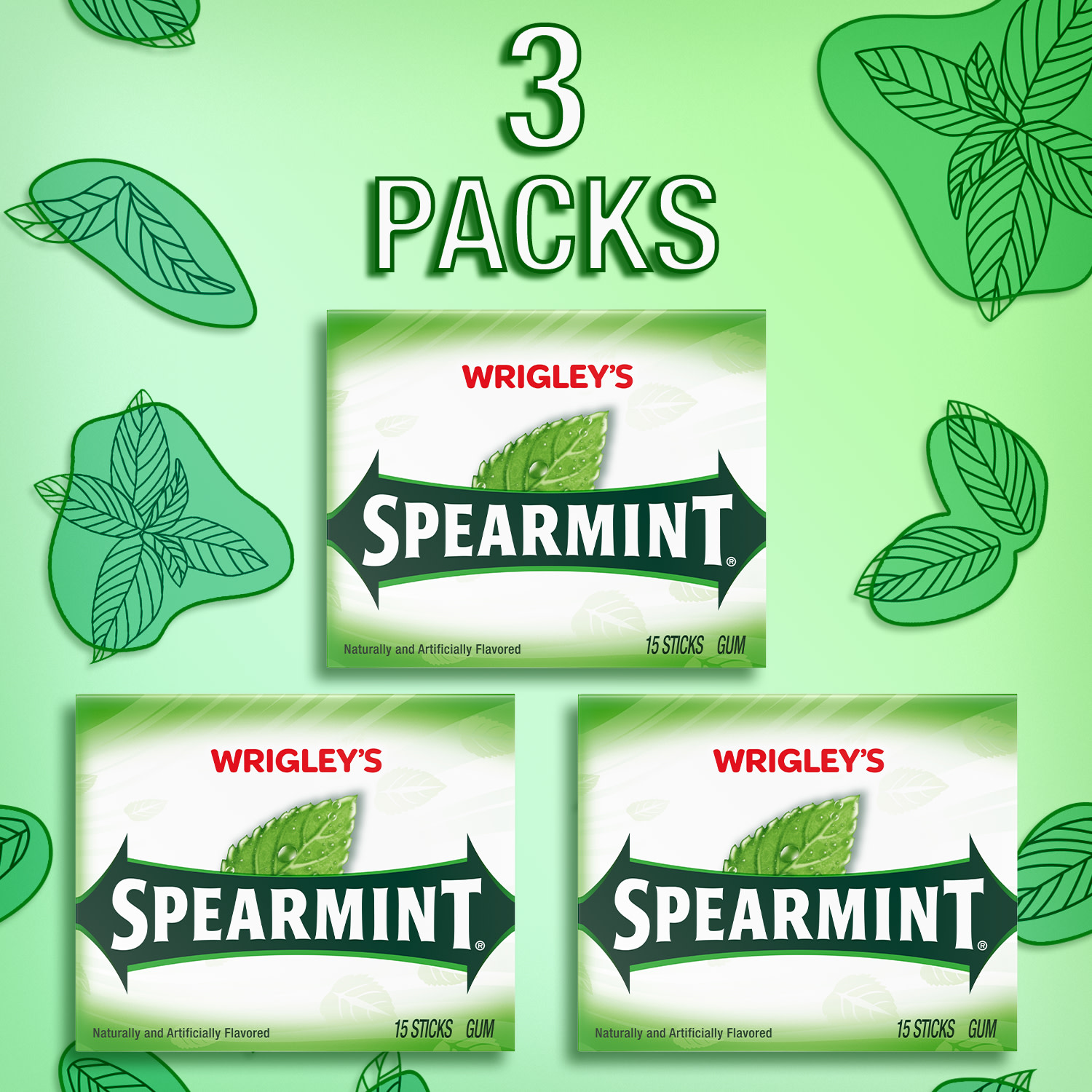Wrigley's Spearmint Chewing Gum Bulk Pack - 15 Stick (Pack of 3, 45 Piece Count) thumbnail 3