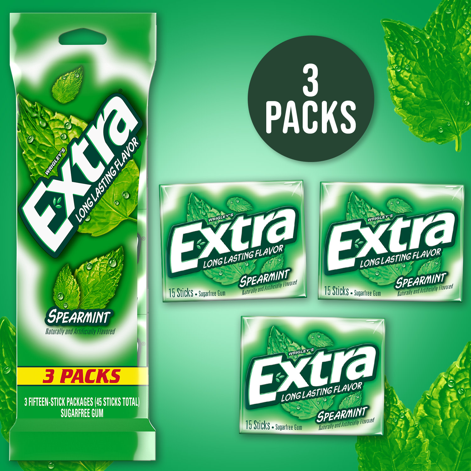 Extra Spearmint Sugar Free Chewing Gum - 15 Ct (3 Pack) thumbnail 2
