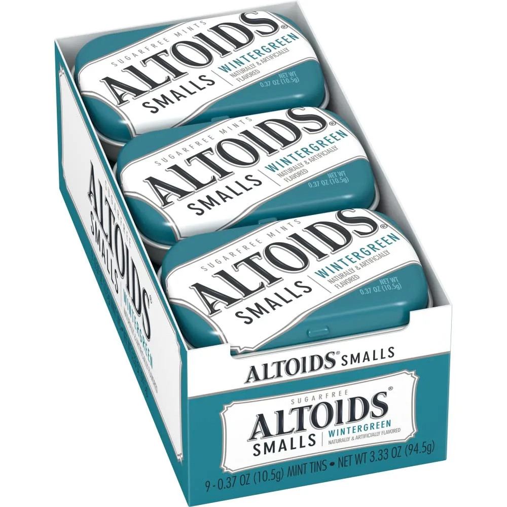 ALTOIDS Smalls Wintergreen Breath Mints Sugar Free Hard Candy Bulk, 0.37 oz Tin (Pack of 9)