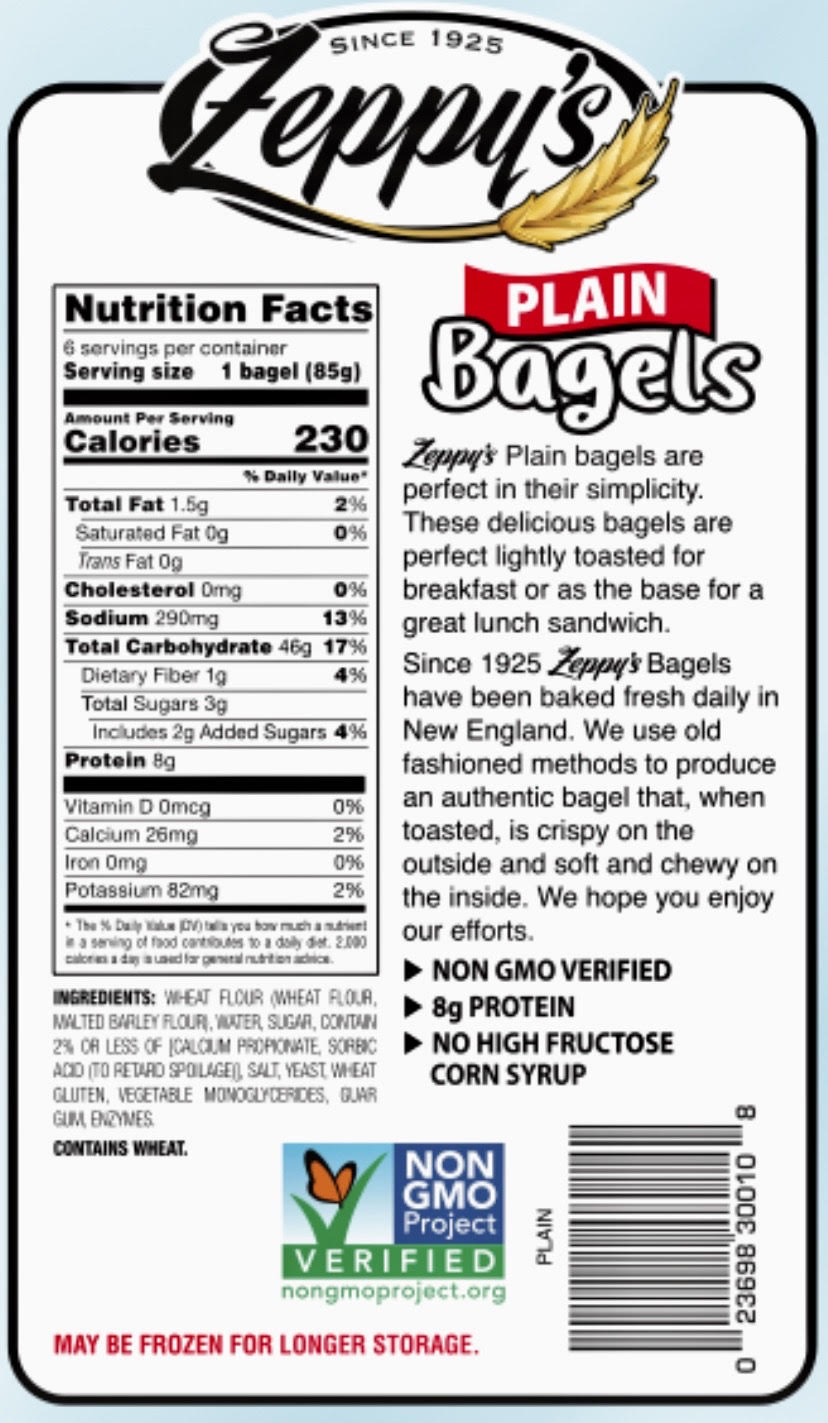 Zeppy's NON-GMO Plain Bagels, 6 count, Pre-sliced Bagels, 18 oz Bag thumbnail 2