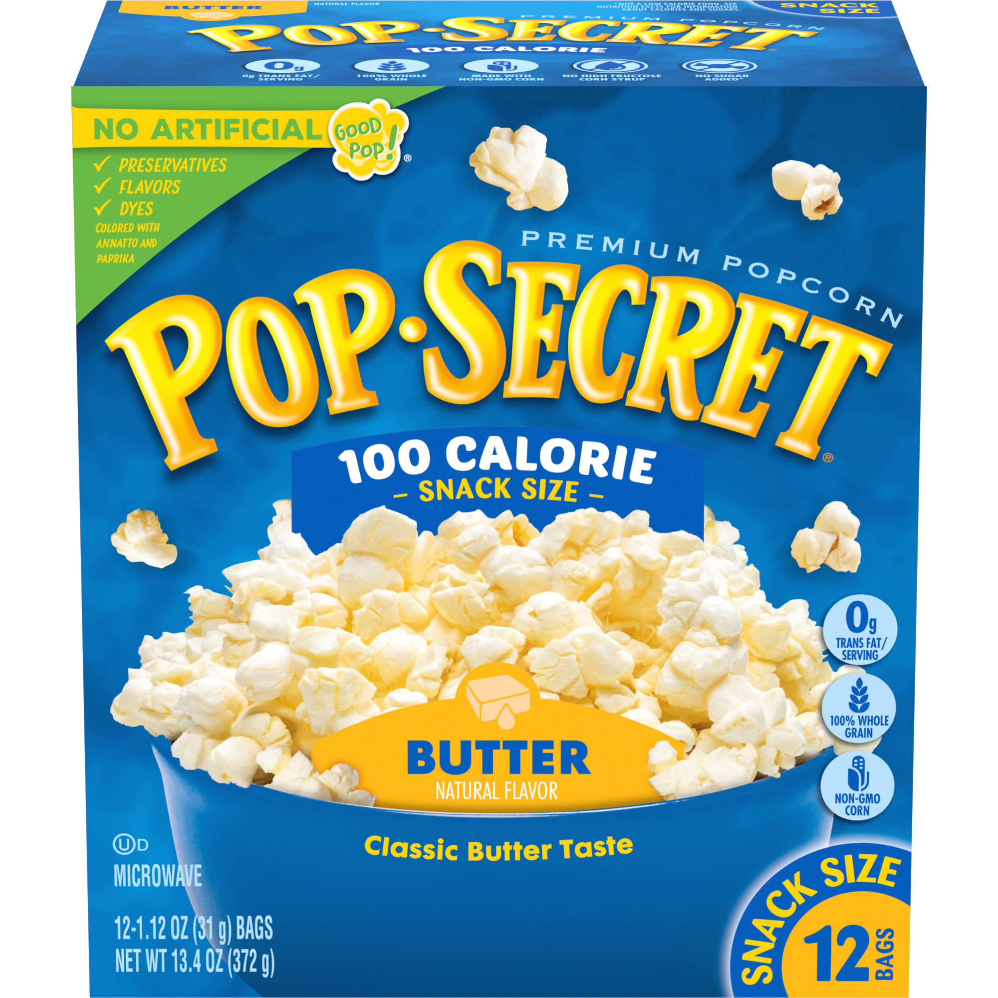 Pop Secret Microwave Popcorn, 100 Calorie Butter Flavor, 1.1 oz Snack Bags, 12 Ct