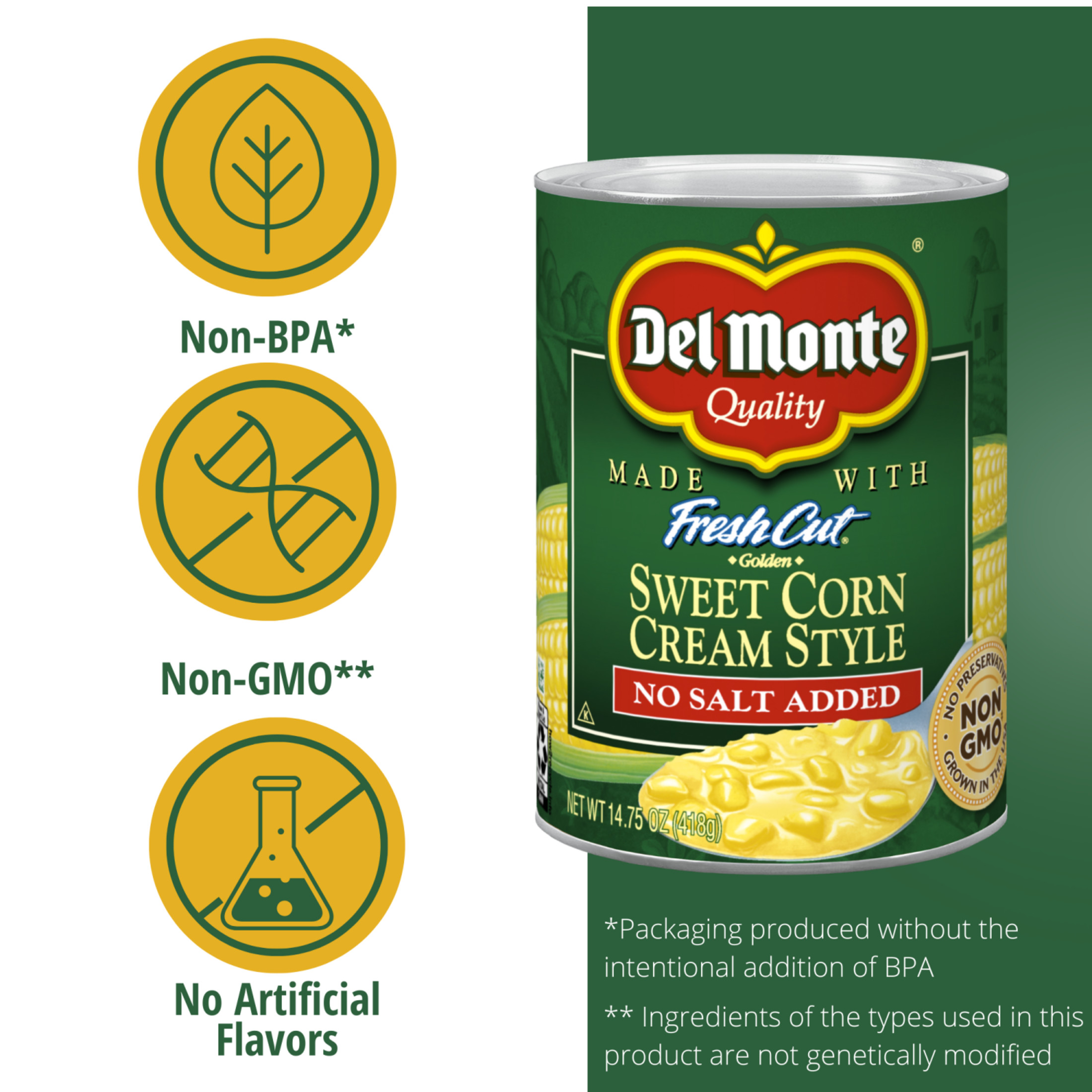 (12 pack) Del Monte No Salt Added Golden Sweet Corn Cream Style, 14.75 oz Can, Canned Vegetables thumbnail 3