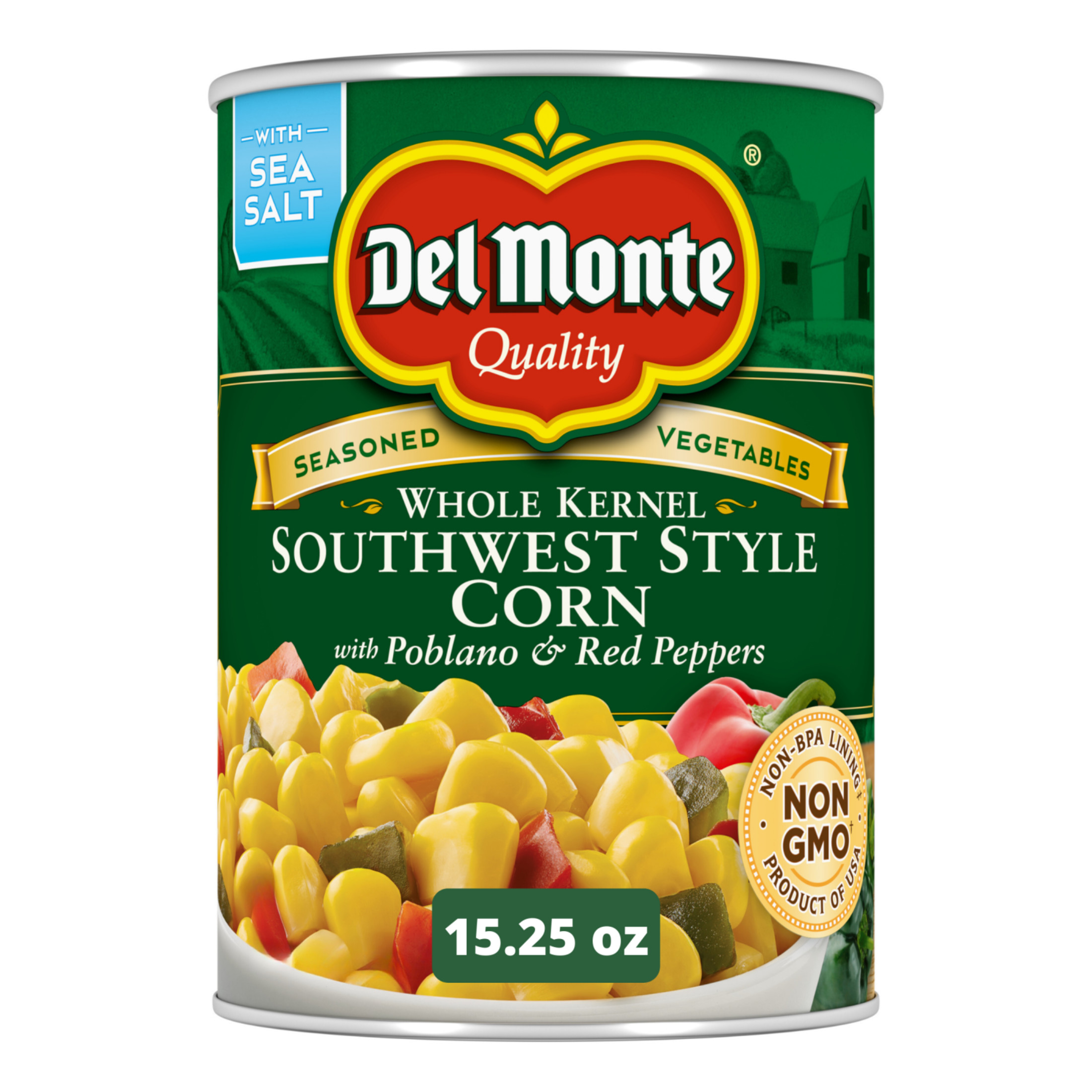 Del Monte Southwest Whole Kernel Corn with Peppers, Canned Vegetables, 15.25 oz Can
