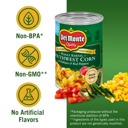 Del Monte Southwest Whole Kernel Corn with Peppers, Canned Vegetables, 15.25 oz Can thumbnail 2