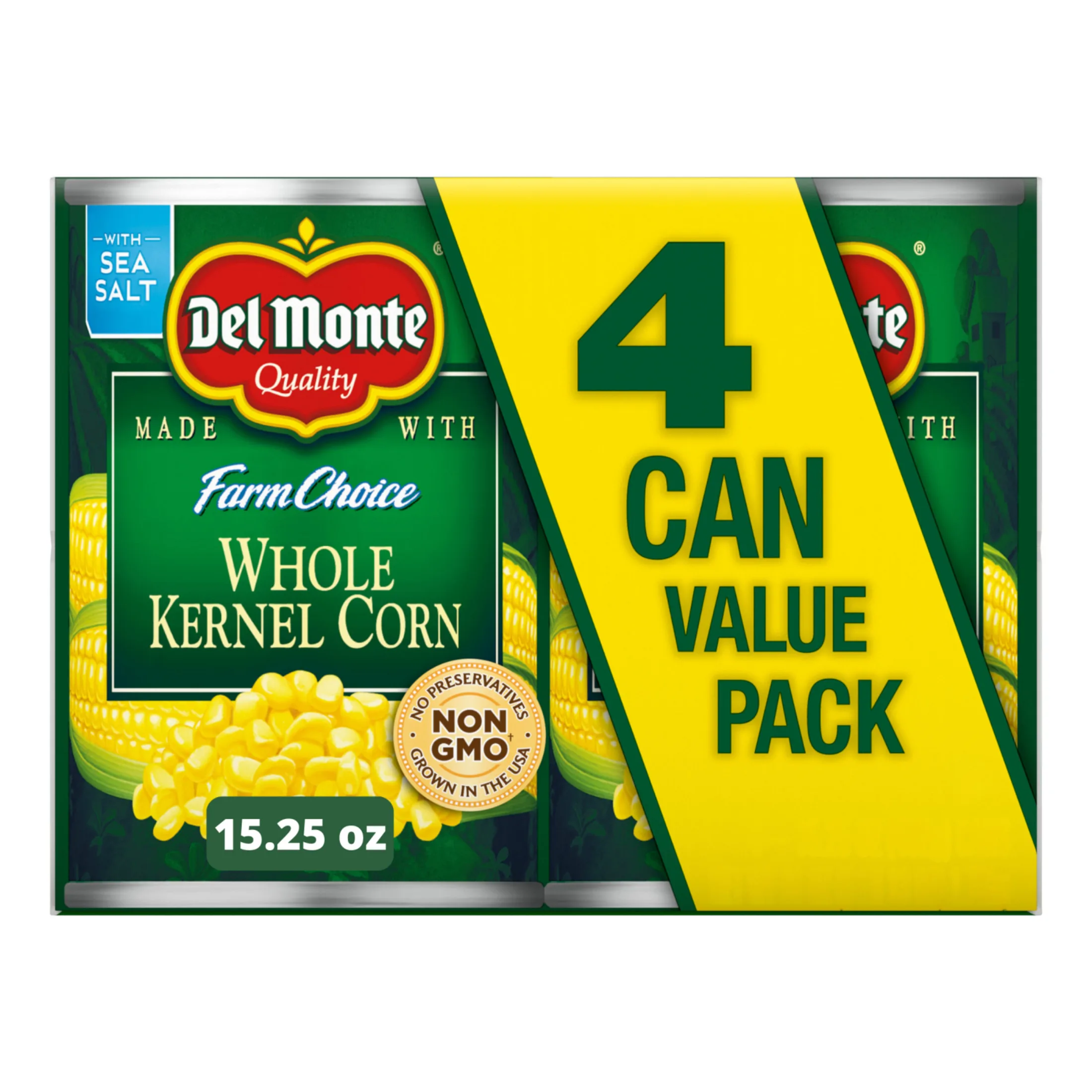 Del Monte Golden Sweet Whole Kernel Corn, Canned Vegetables, 15.25 oz Can (Pack of 4)