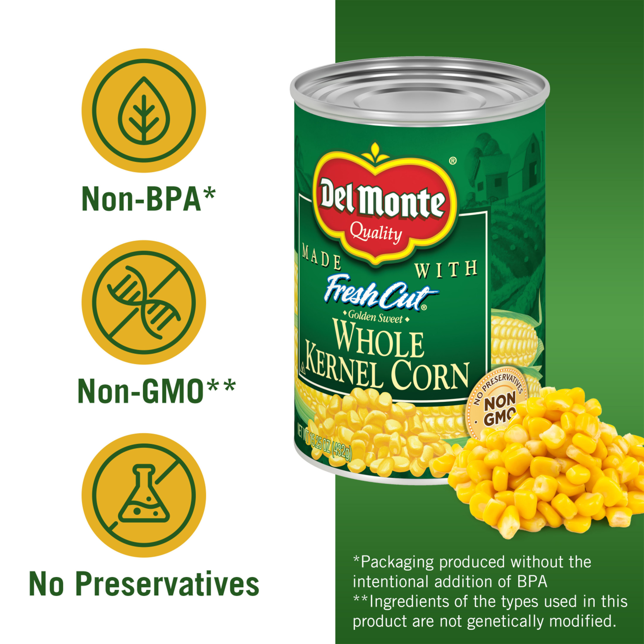 Del Monte Golden Sweet Whole Kernel Corn, Canned Vegetables, 15.25 oz Can (Pack of 4) thumbnail 2