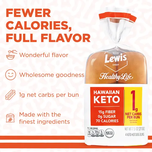 Lewis Bake Shop Healthy Life Keto Hawaiian Hot Dog Buns, 7.5 oz, 4 Count thumbnail 3