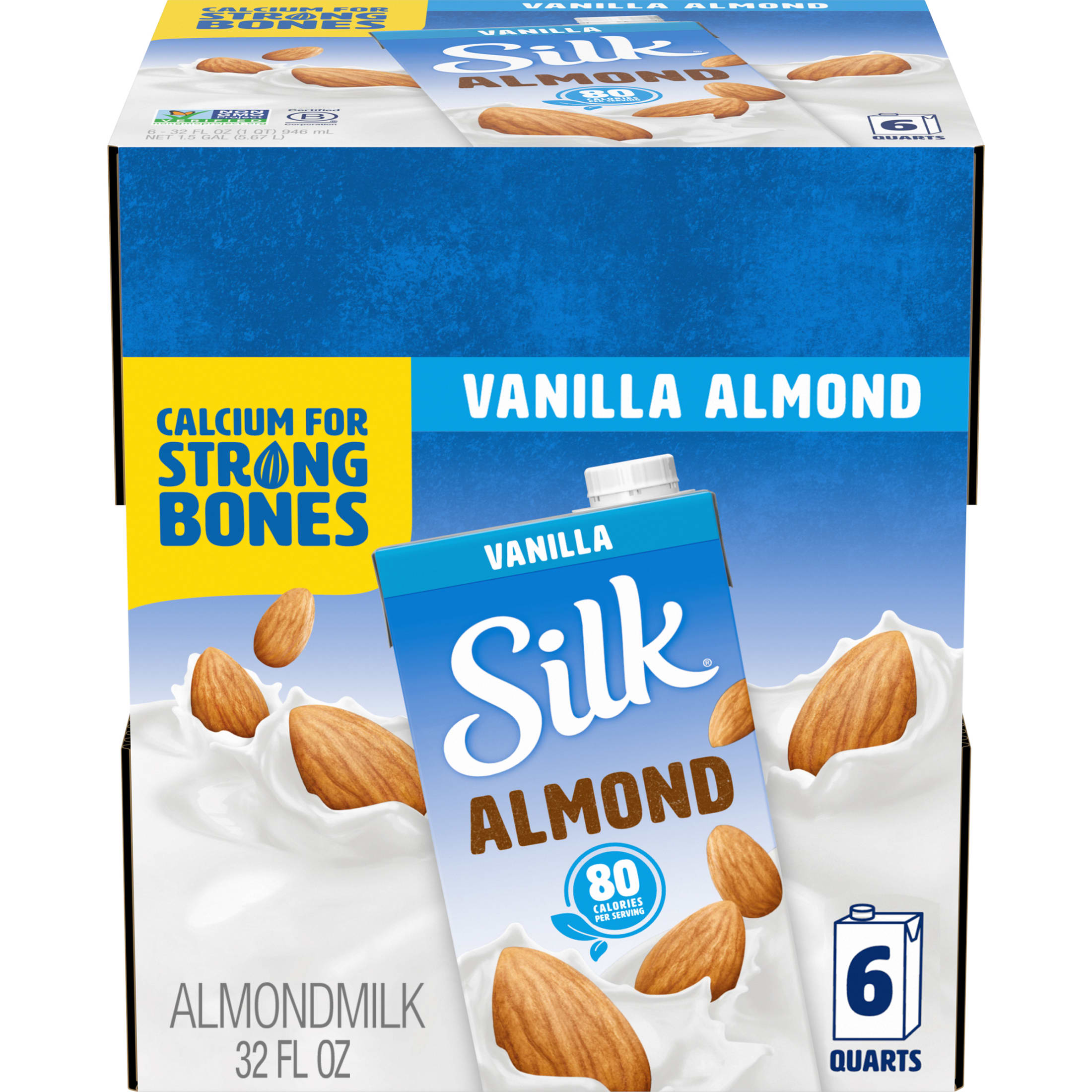 Silk Shelf Stable, Dairy Free, Lactose Free, Gluten Free, Vanilla Almond Milk, 32 fl oz Quart, Pack of 6