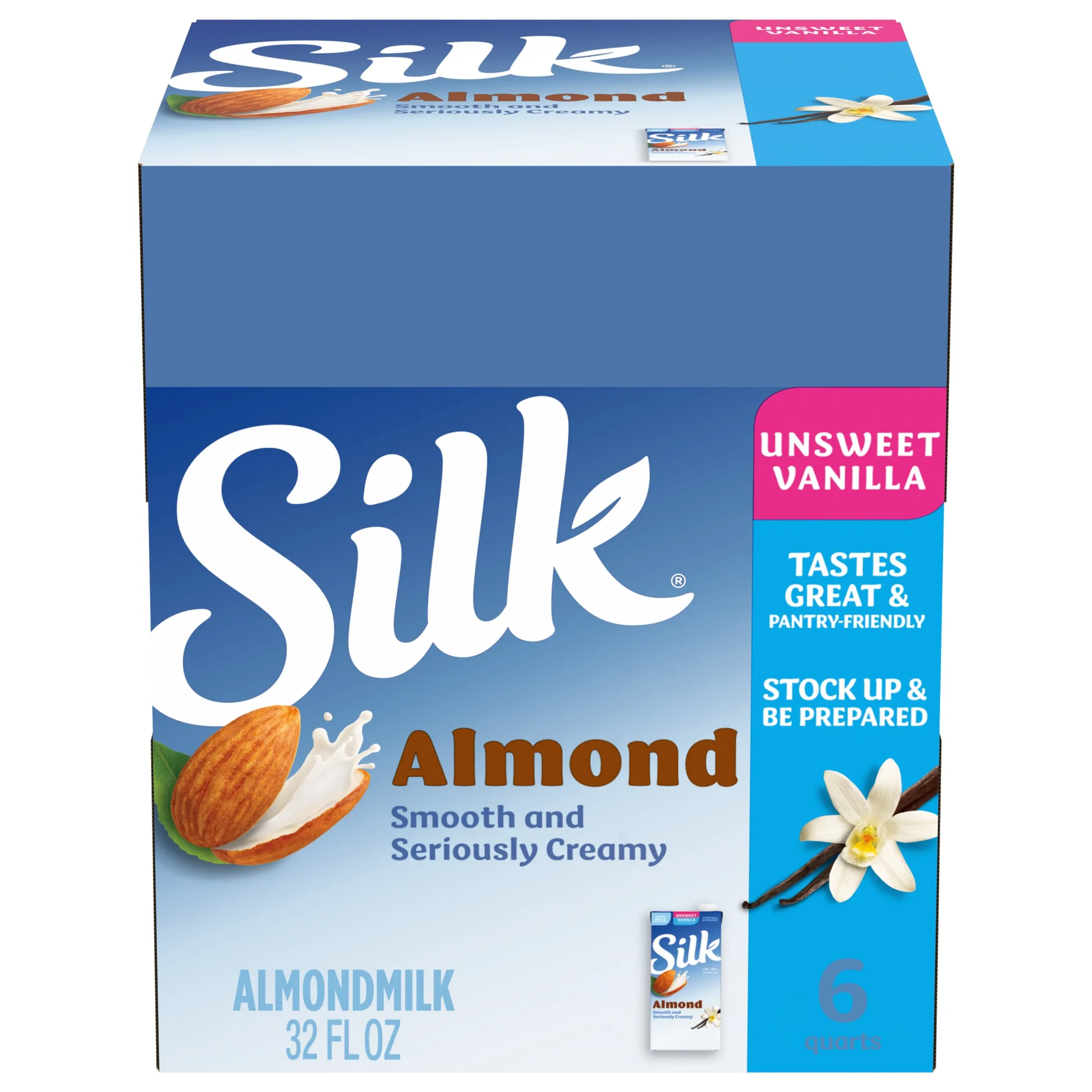 Silk Shelf Stable, Dairy Free, Lactose Free, Gluten Free, Unsweetened Vanilla Almond Milk, 32 fl oz Quart, 6 Count
