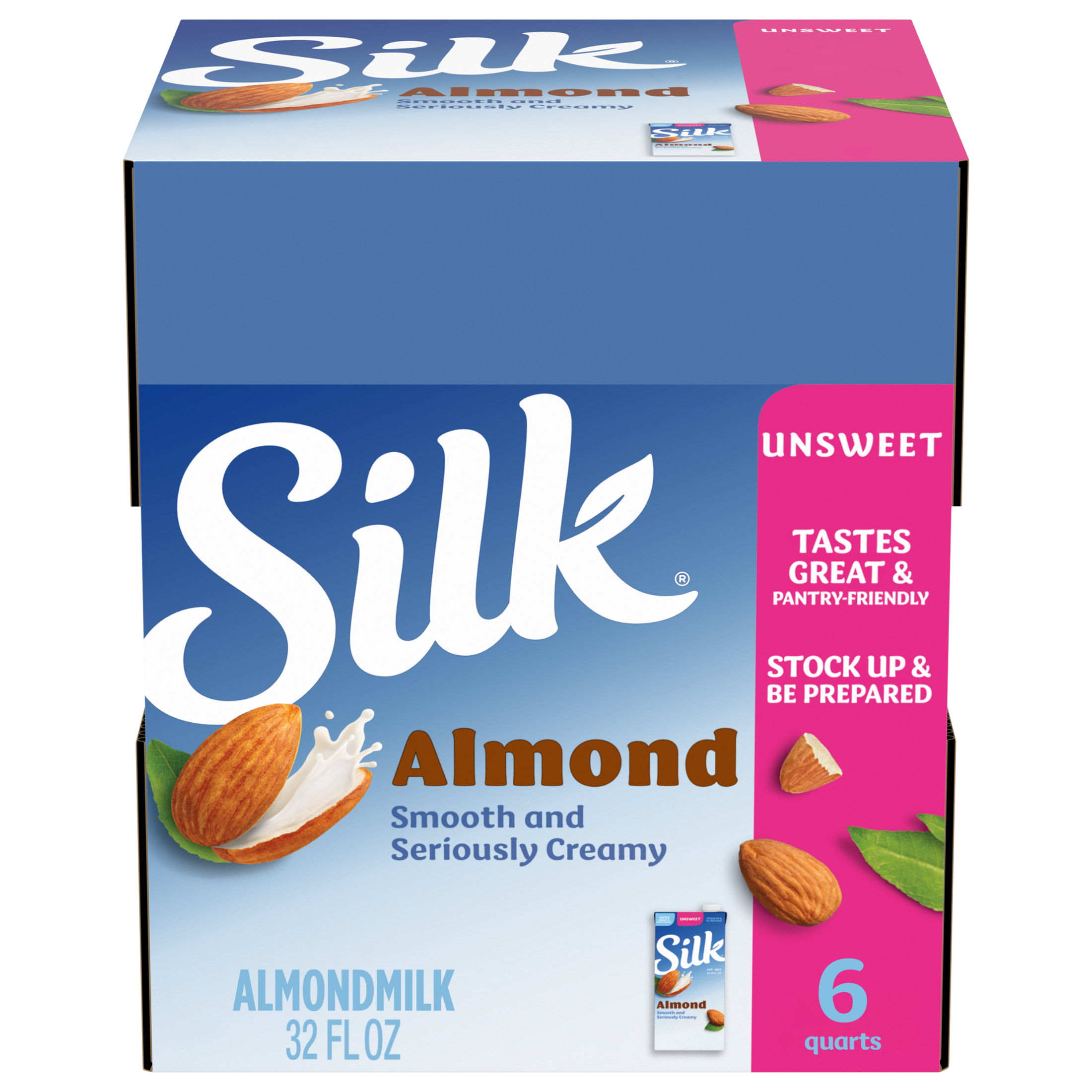 Silk Shelf Stable, Dairy Free, Lactose Free, Gluten Free, Unsweetened Almond Milk, 32 fl oz Quart, 6 Count