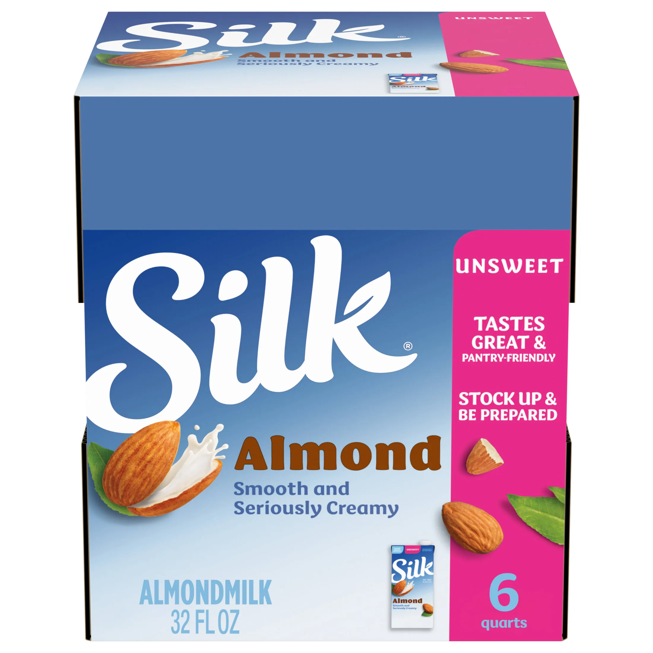 Silk Shelf Stable, Dairy Free, Lactose Free, Gluten Free, Unsweetened Almond Milk, 32 fl oz Quart, 6 Count