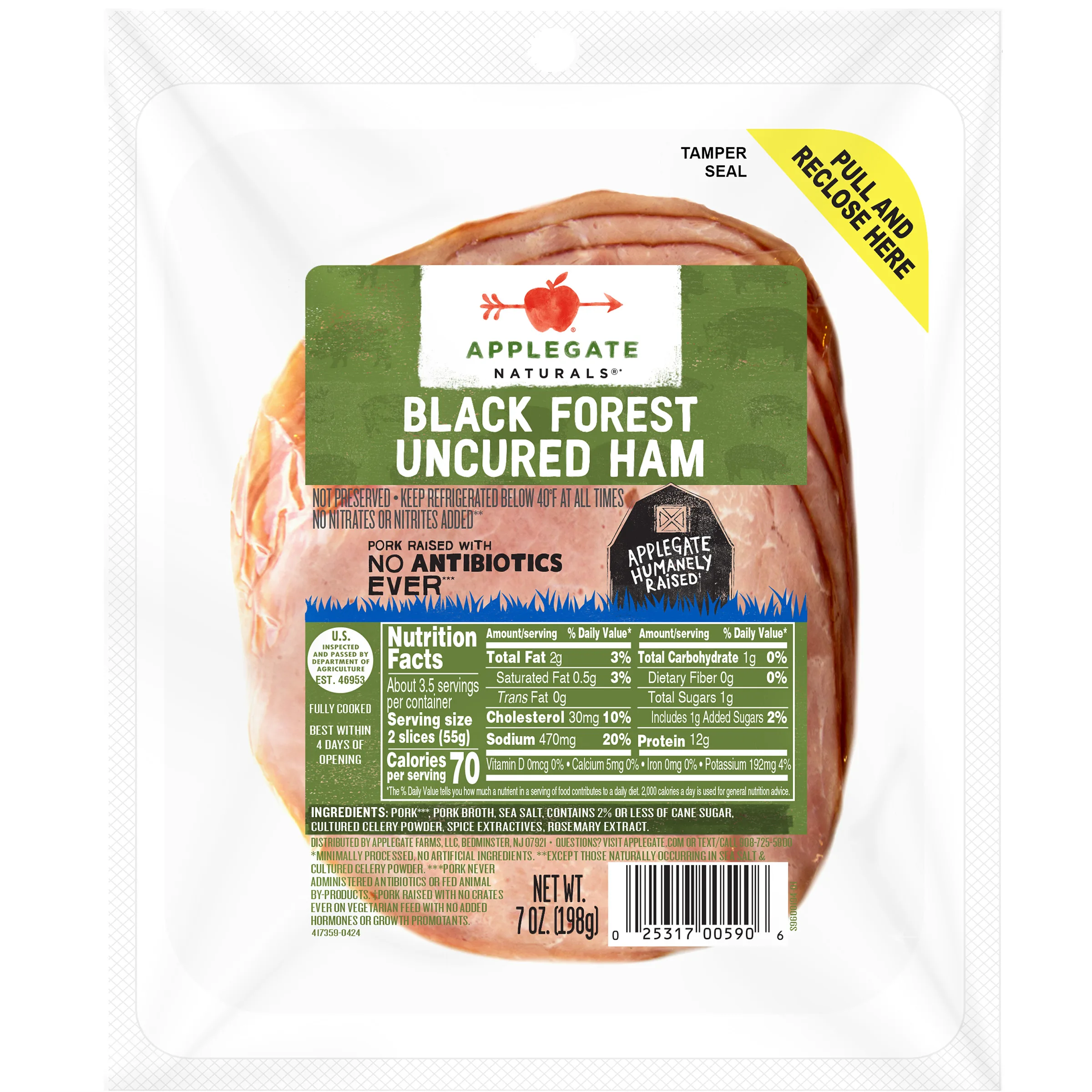 Applegate Naturals, Black Forest Uncured Ham, 70 Cal, 12g Protein, 7 oz Bag (Refrigerated)