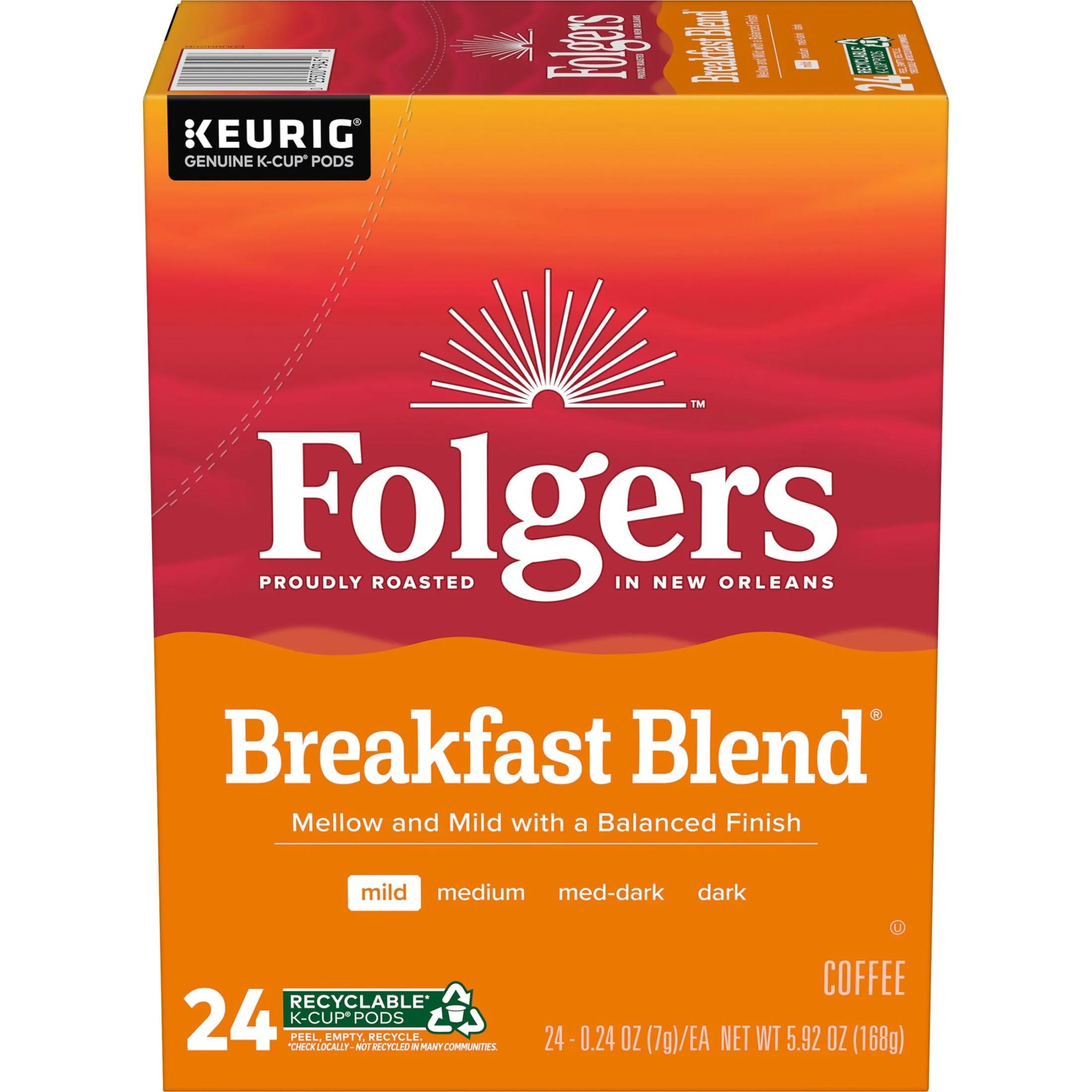 Folgers Breakfast Blend, Mild Roast Coffee, Keurig K Cup Pods, 24 Count Box