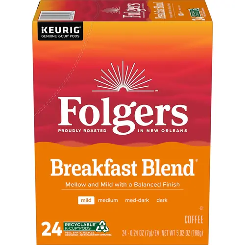 Folgers Breakfast Blend, Mild Roast Coffee, Keurig K Cup Pods, 24 Count Box