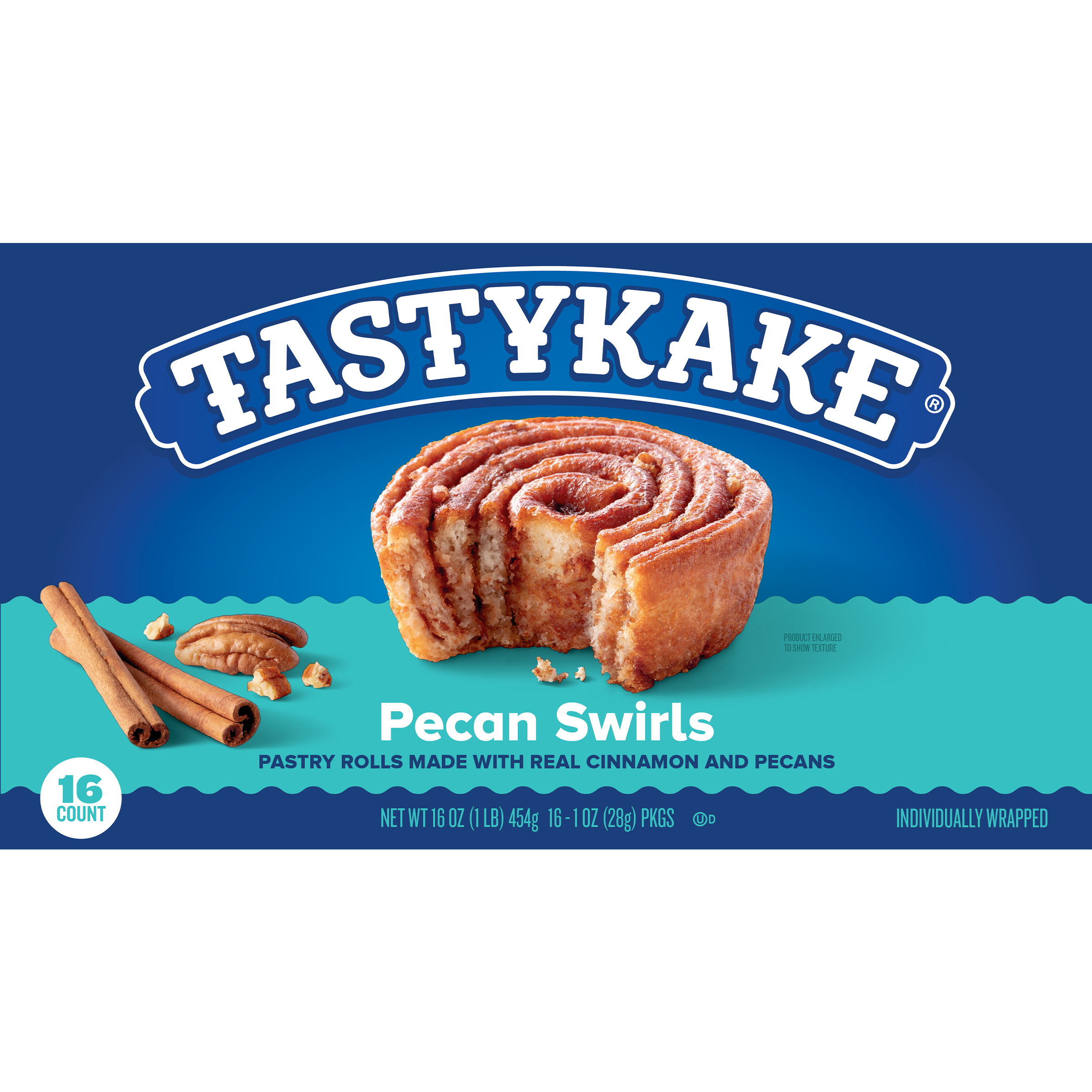 Tastykake Pecan Swirls, 16 Count, 16 Individually Wrapped Pastry Rolls