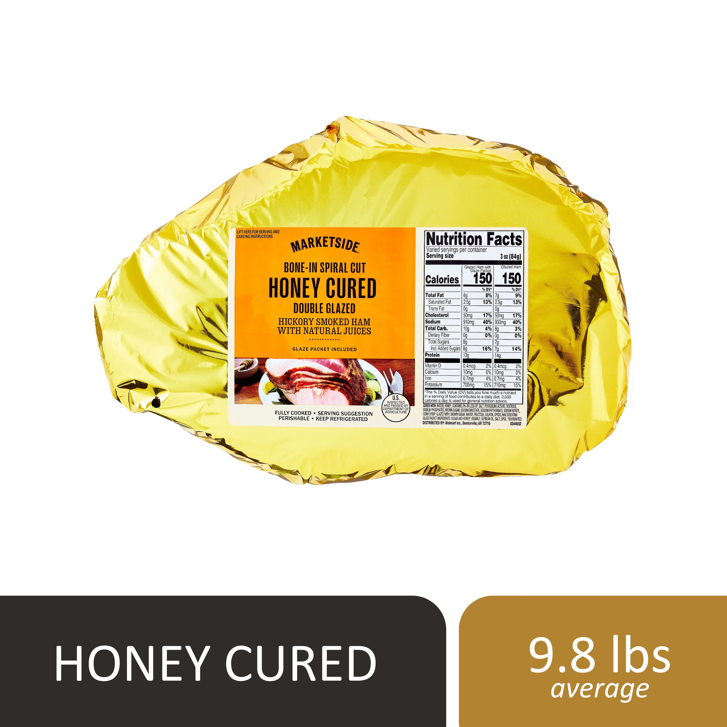 Marketside Bone-In Spiral Cut Honey Cured Double Glaze Ham, 8-14.6 lb,