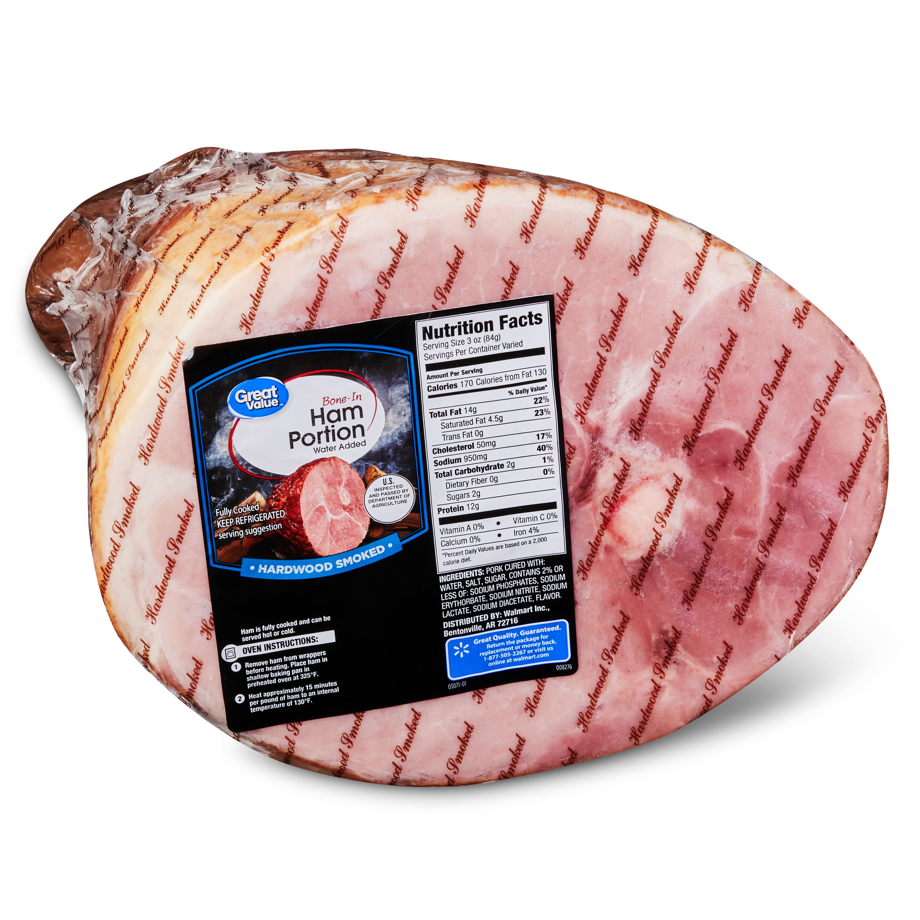 Great Value Hickory Smoked Ham Portion, Fully Cooked, Bone-In, 7- 9 lb