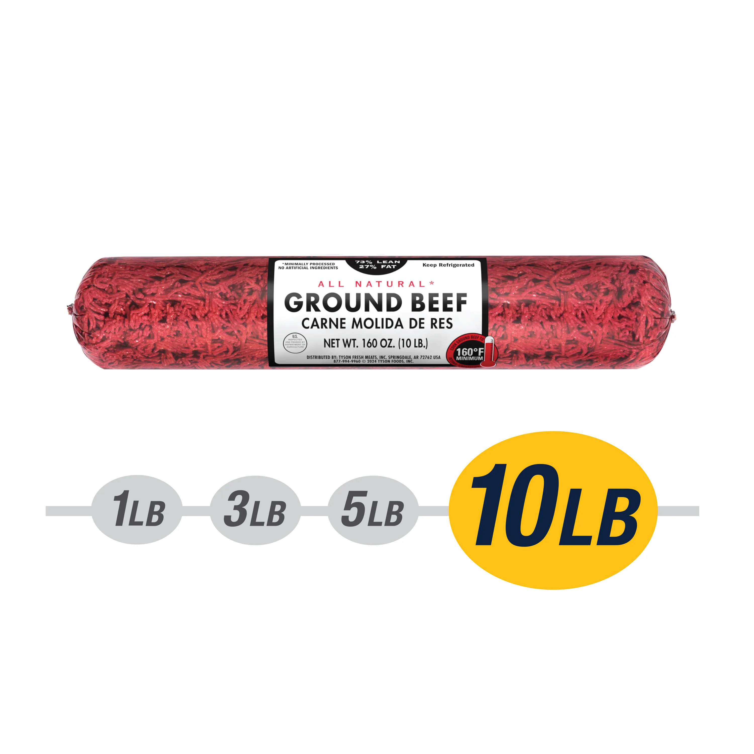 73% Lean / 27% Fat Ground Beef, 10 lb Roll, Fresh, All Natural*
