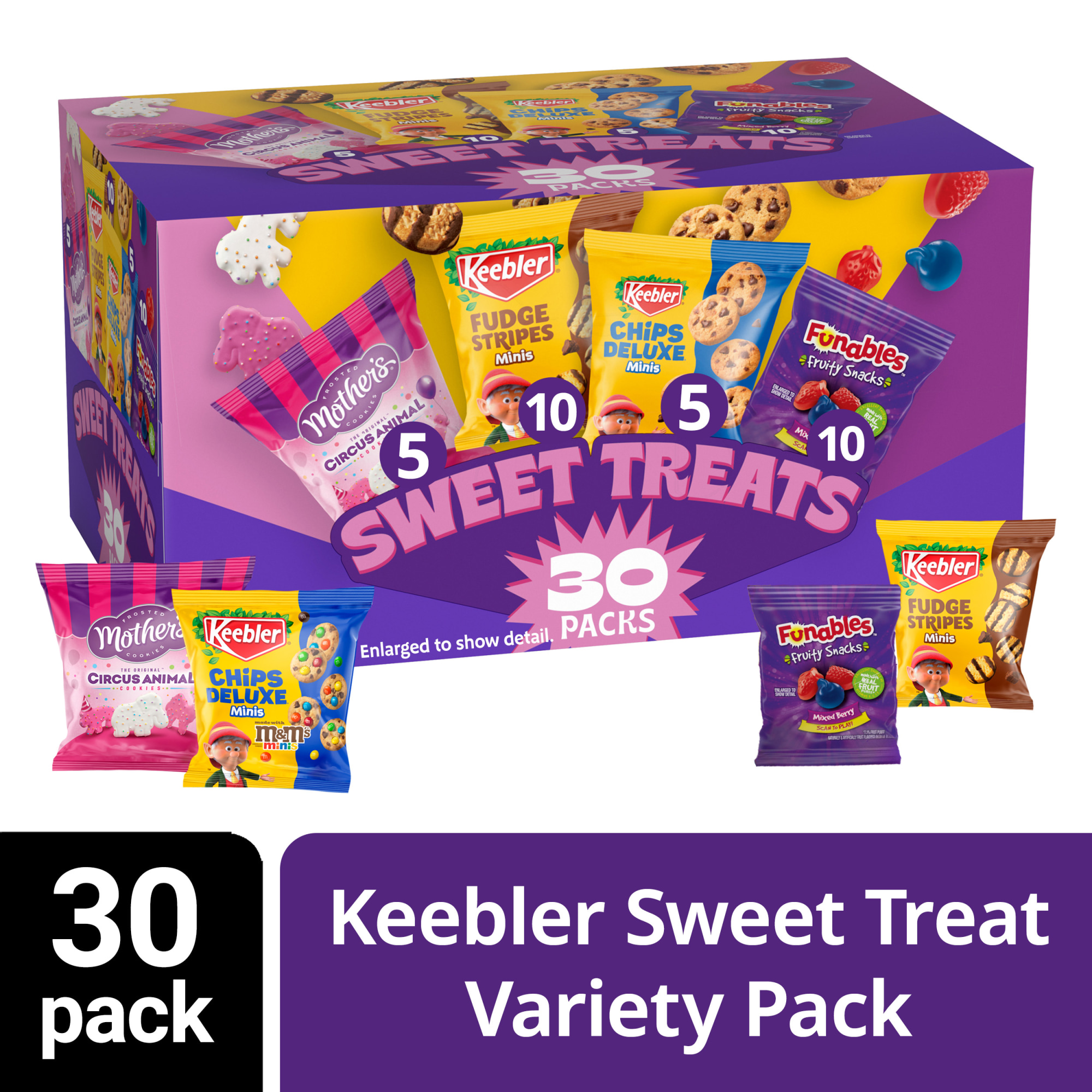 Keebler Sweet Treat Variety Pack, 30-Count Box, Includes Chips Deluxe, Funables, Fudge Stripes, and Mother's Circus Animal Cooki