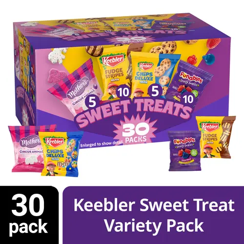 Keebler Sweet Treat Variety Pack, 30-Count Box, Includes Chips Deluxe, Funables, Fudge Stripes, and Mother's Circus Animal Cooki