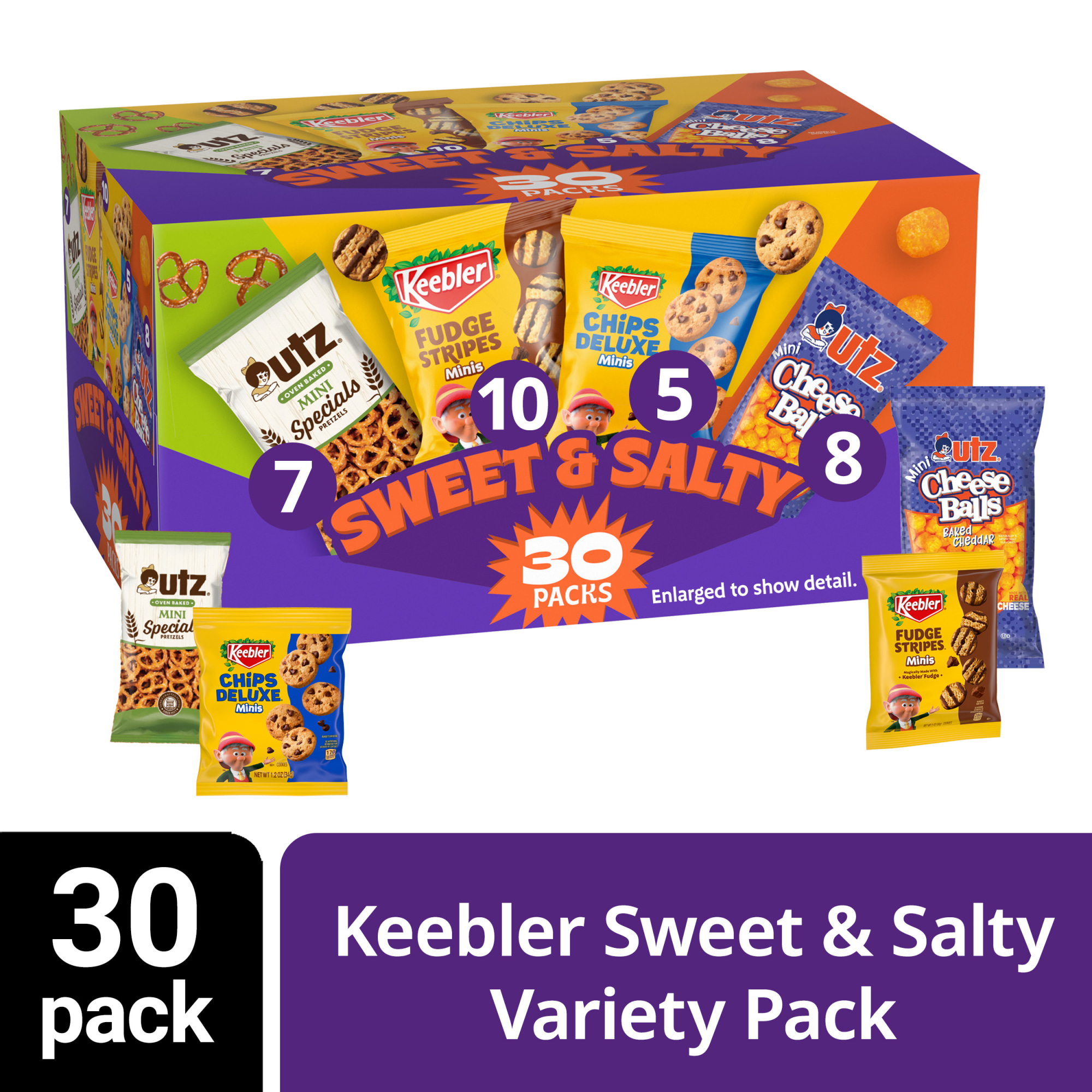 Keebler Sweet & Salty Variety Pack, 30-Count Box,  Includes Keebler Chips Deluxe, Fudge Stripes, Utz mini Pretzels and Chees