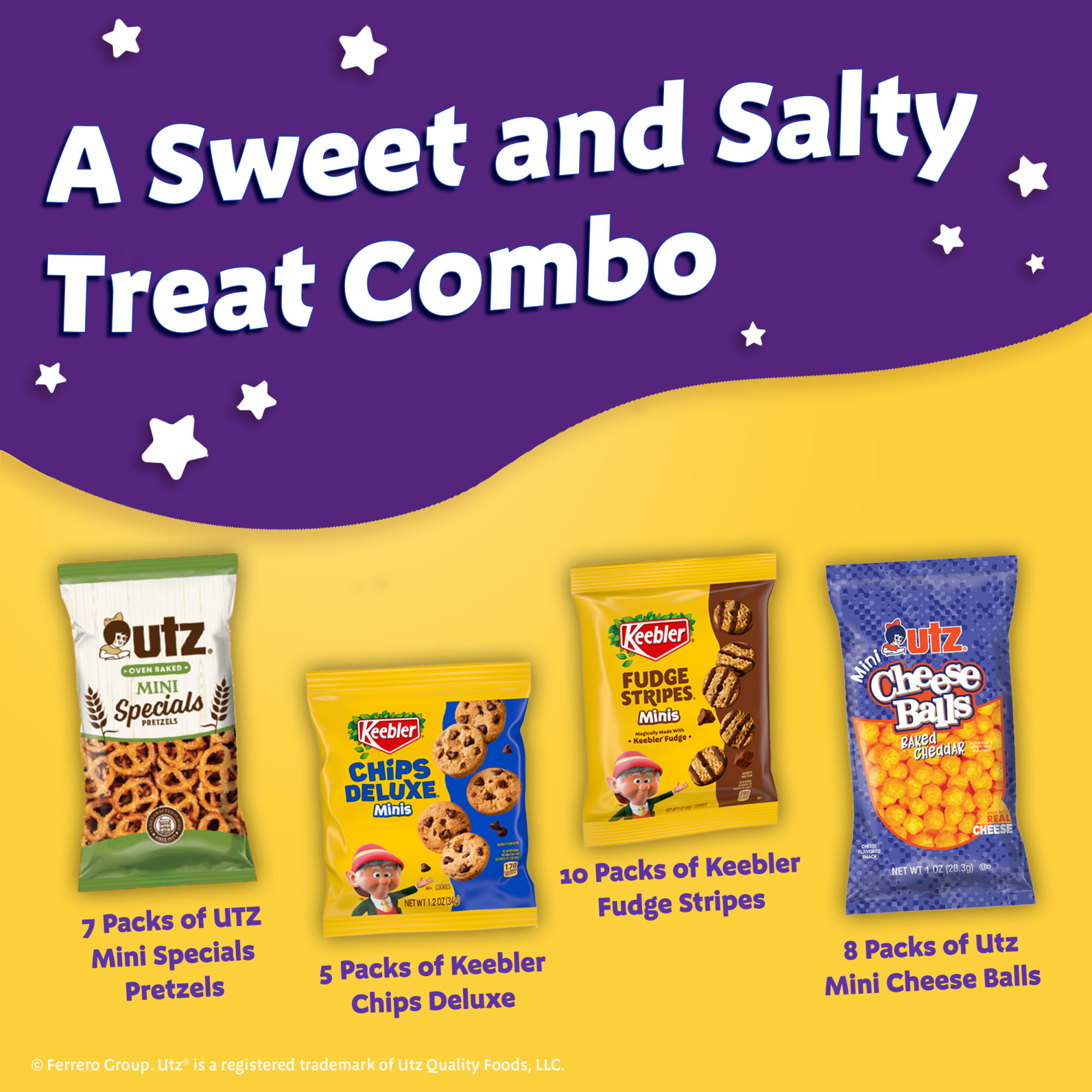 Keebler Sweet & Salty Variety Pack, 30-Count Box,  Includes Keebler Chips Deluxe, Fudge Stripes, Utz mini Pretzels and Chees thumbnail 2