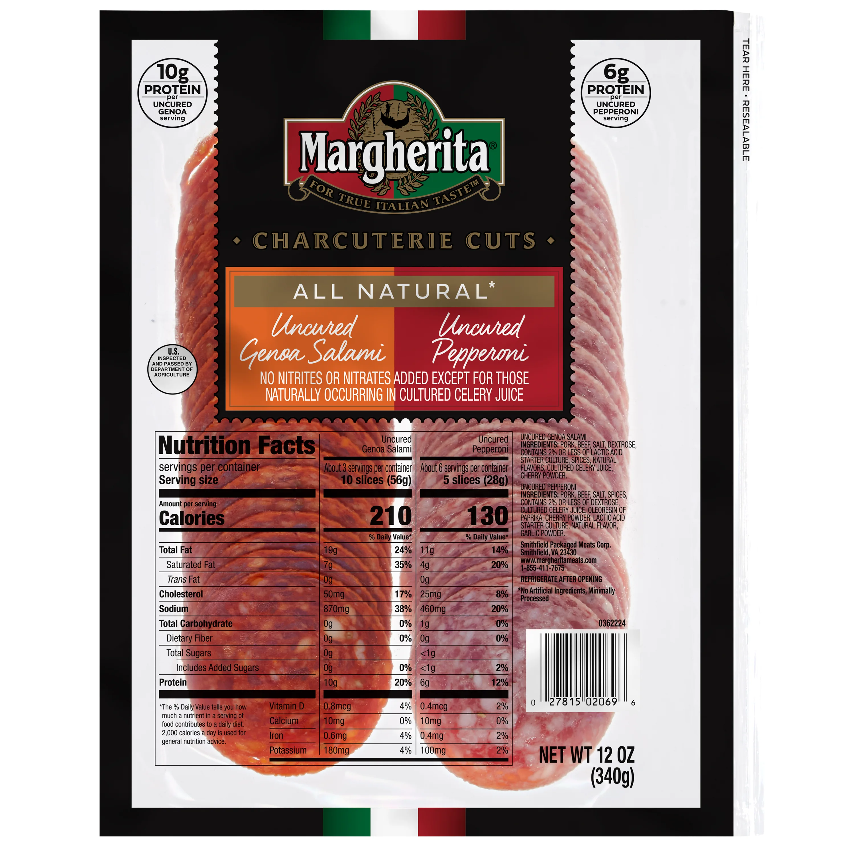 Margherita Charcuterie Cuts, Uncured Duo Pack, Genoa Salami and Pepperoni, 12oz