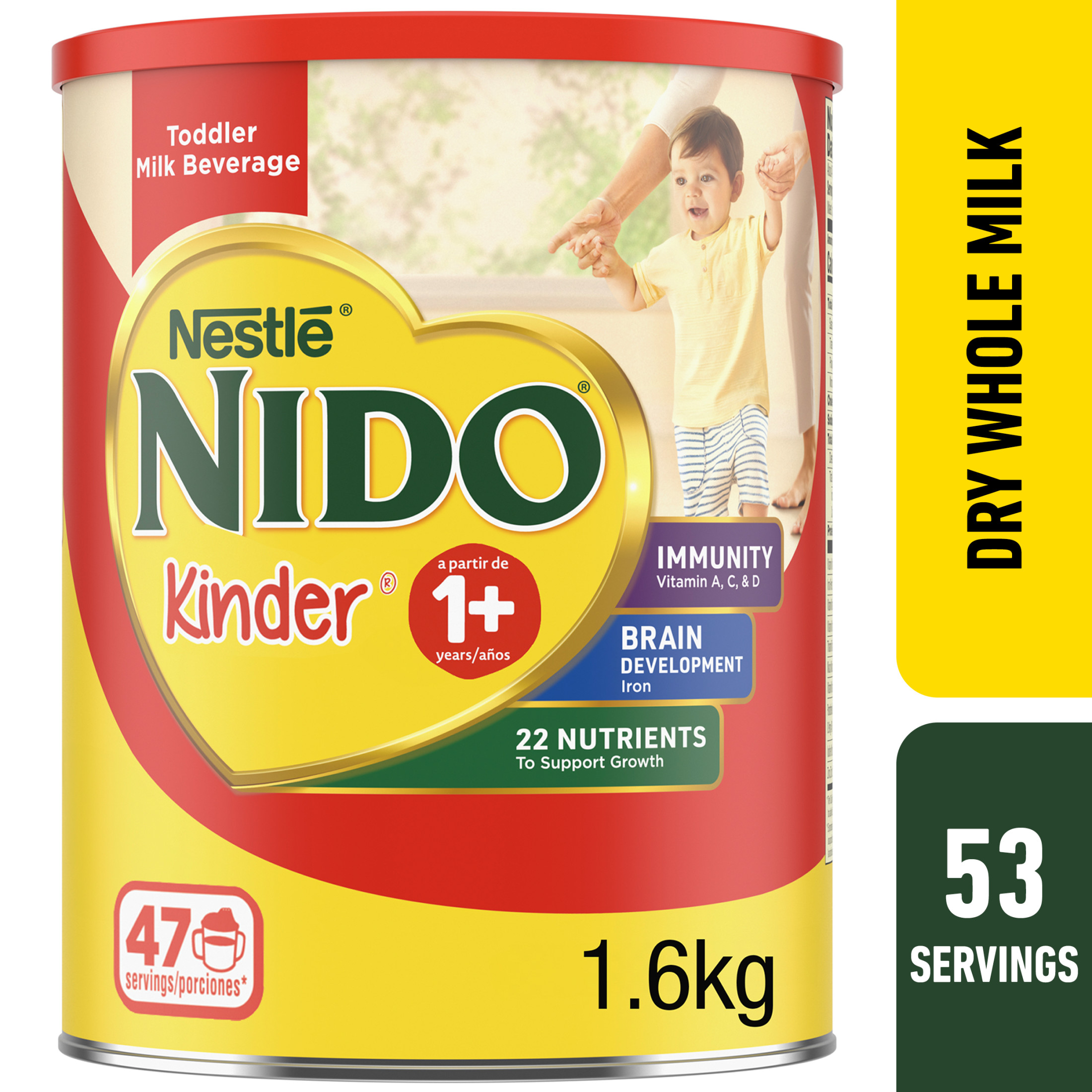 NIDO Kinder 1+ Powder Beverage Mix, Immunity Toddler Milk with Vitamins A, C, D, Iron to Support Growth, 56.3 oz Canister