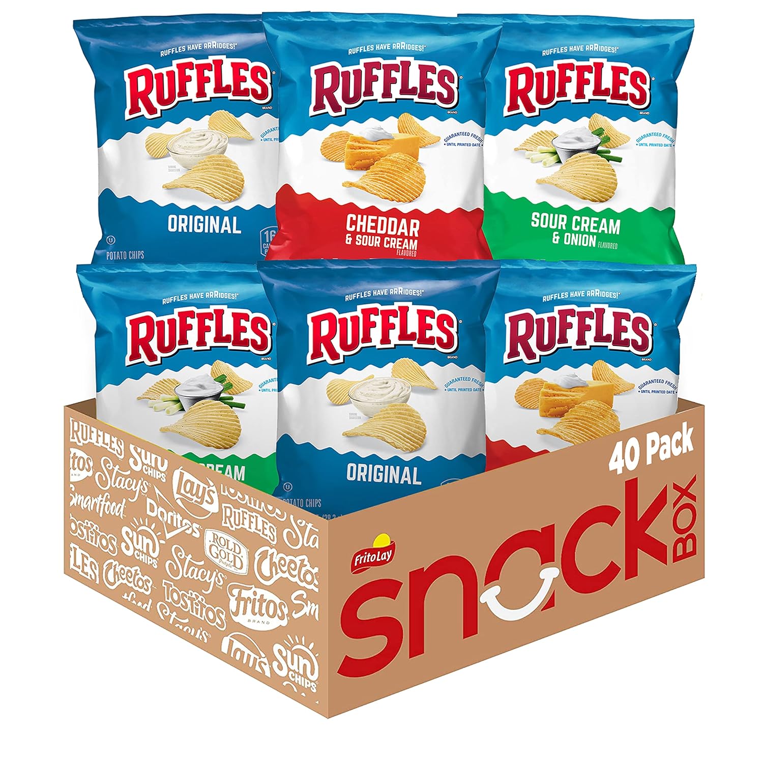 Ruffles Potato Chips Original, Sour Cream, and Cheddar Flavors, Variety Pack Snack Chips, 1 oz Bags, 40 Count Multipack
