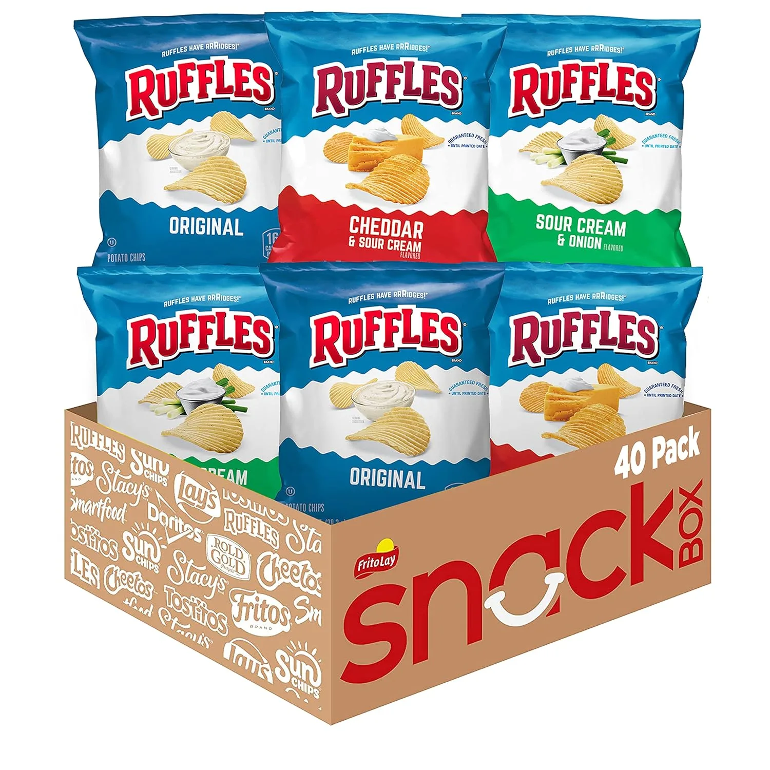 Ruffles Potato Chips Original, Sour Cream, and Cheddar Flavors, Variety Pack Snack Chips, 1 oz Bags, 40 Count Multipack