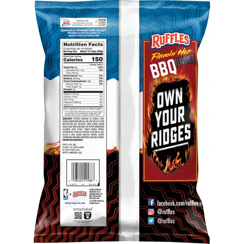 Ruffles Flamin' Hot BBQ Flavored Potato Snack Chips, 8 Ounce Bag thumbnail 2