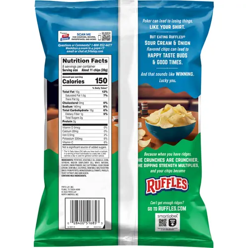 Ruffles Potato Chips Sour Cream & Onion Flavor Snack Chips, 8.0 Ounce Bag thumbnail 2