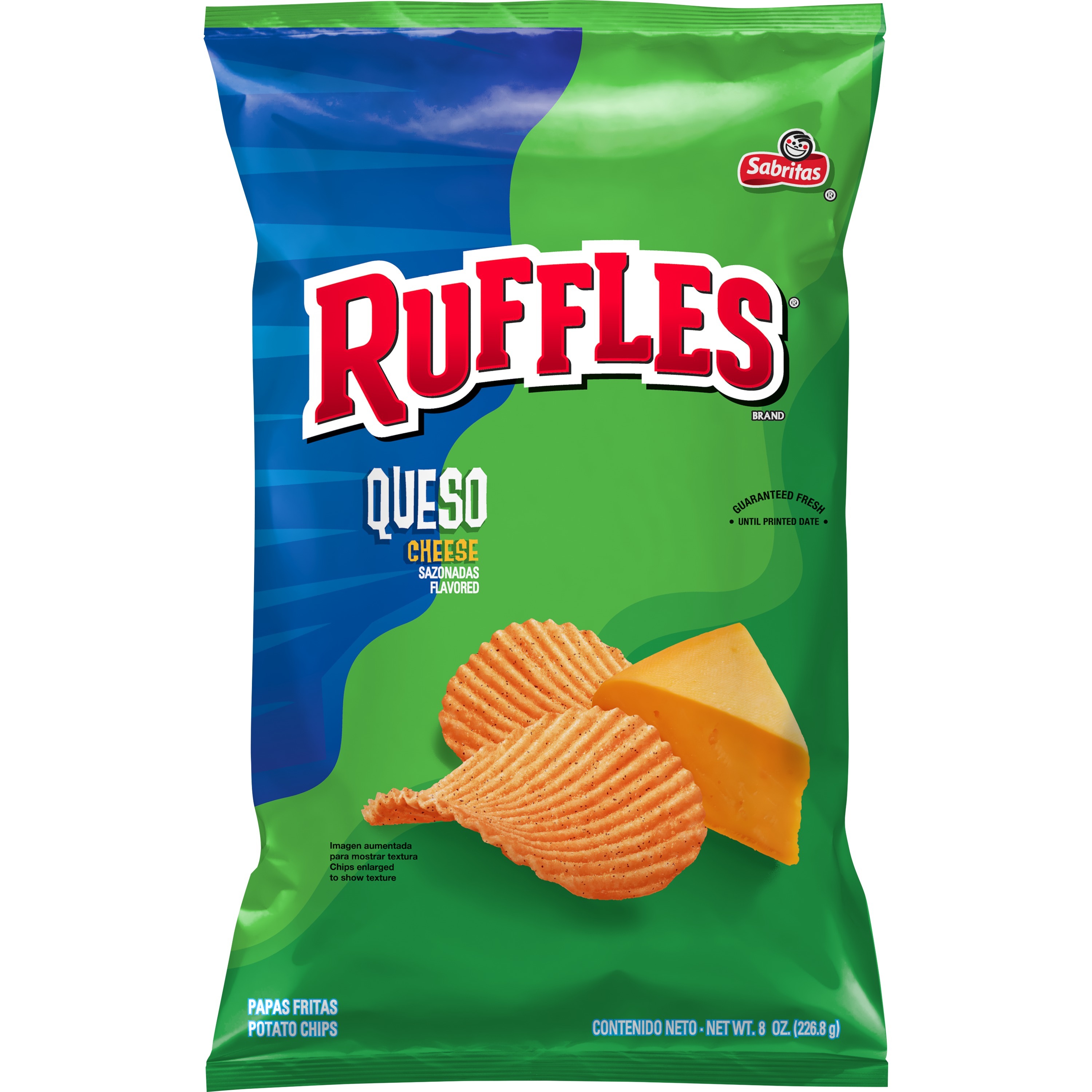 Ruffles Potato Chips Queso Cheese Flavored Snack Chips, Snacks, Large Bag 8 Ounce Bag